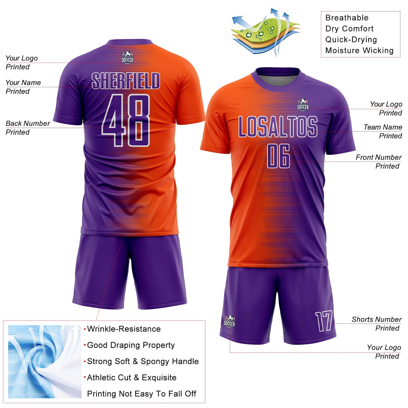 Custom Purple Orange-White Gradient Line Sublimation Soccer Uniform Jersey - Sky-Custom