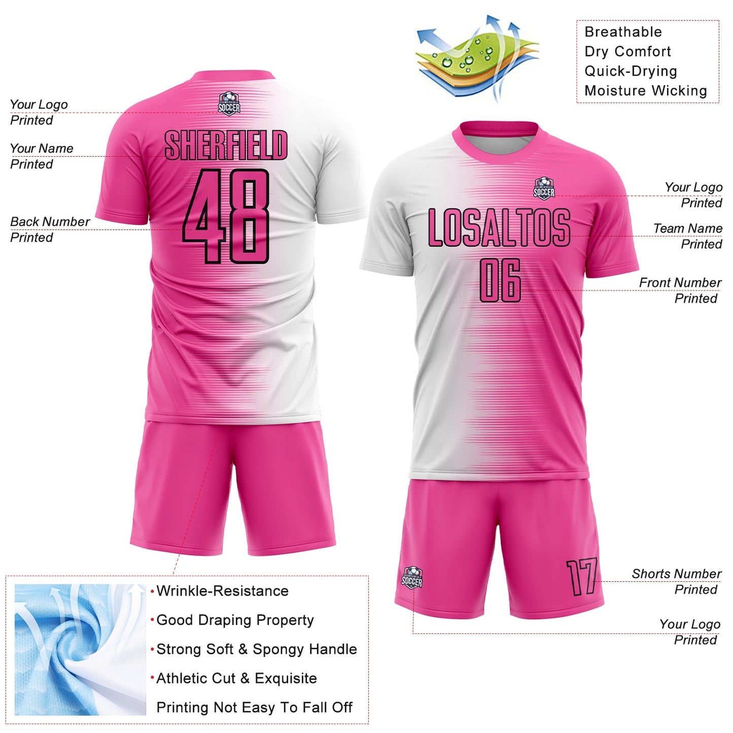 Custom Pink White-Black Gradient Line Sublimation Soccer Uniform Jersey - Sky-Custom