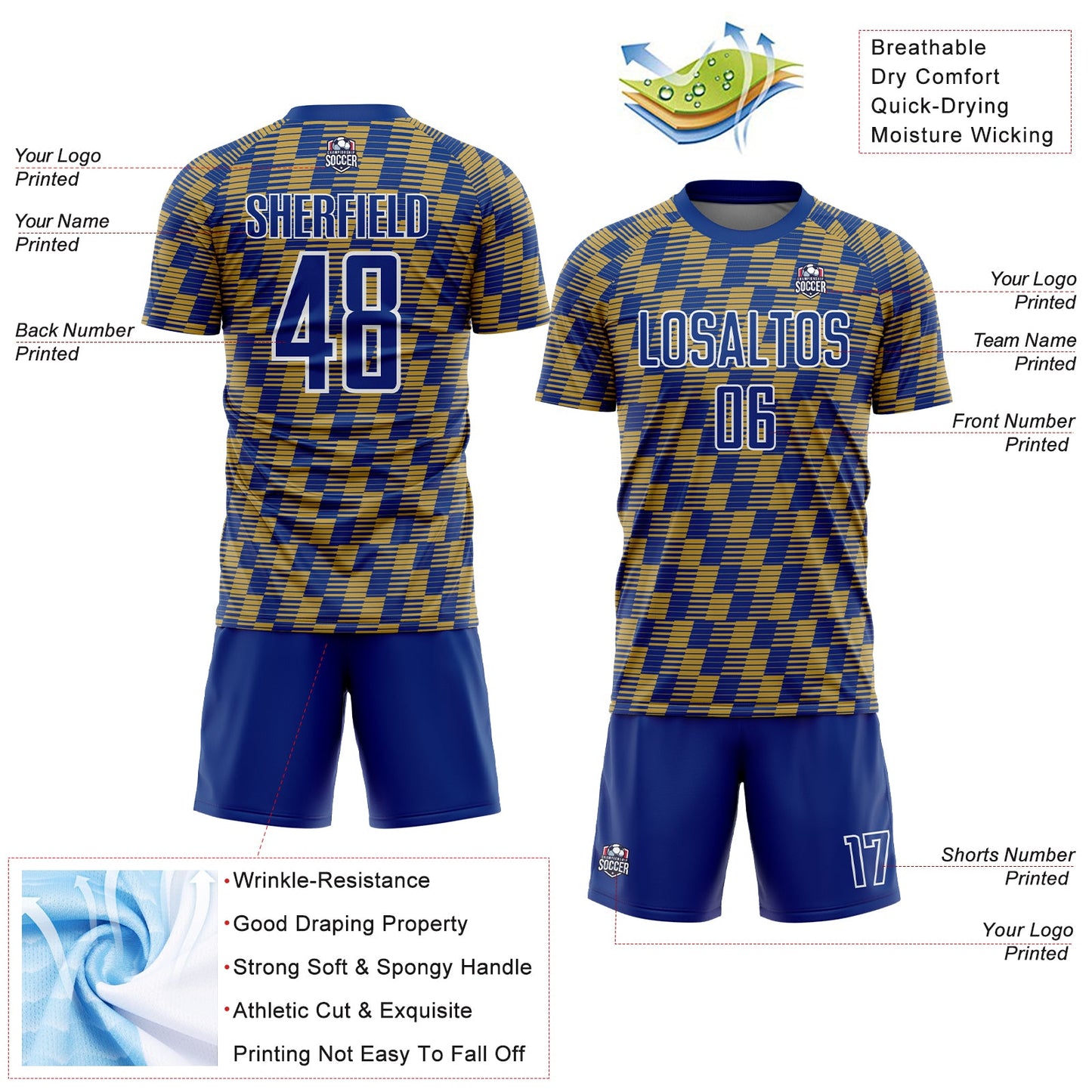 Custom Royal Old Gold-White Line Sublimation Soccer Uniform Jersey - Sky-Custom