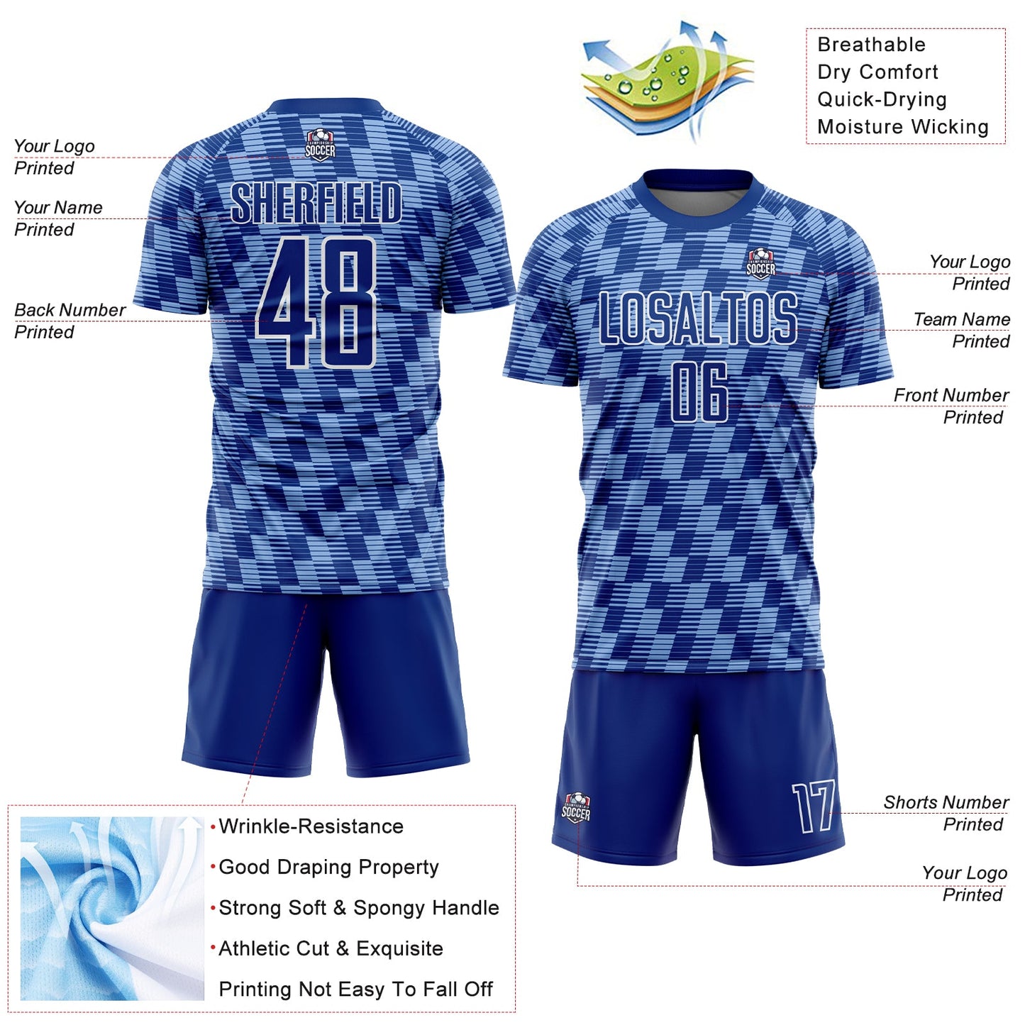 Custom Royal Light Blue-White Line Sublimation Soccer Uniform Jersey - Sky-Custom