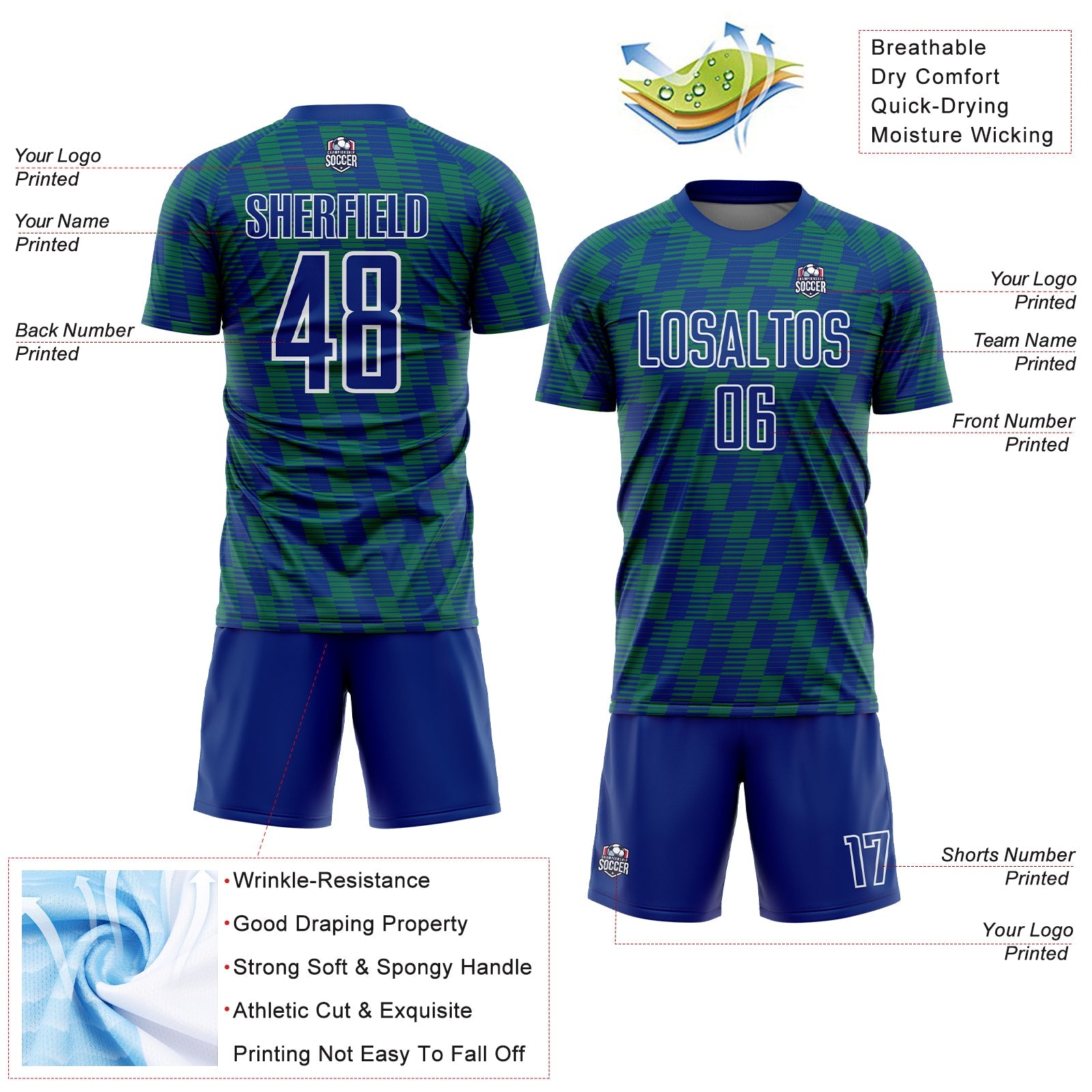 Custom Royal Kelly Green-White Line Sublimation Soccer Uniform Jersey - Sky-Custom
