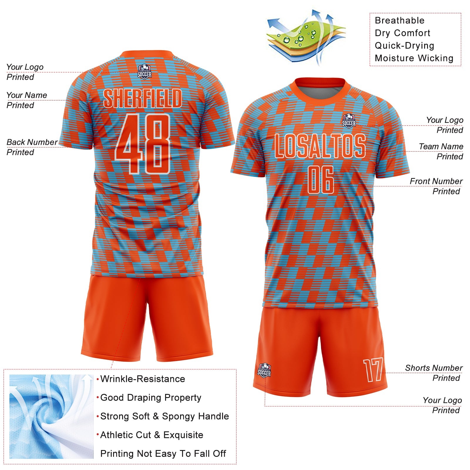 Custom Orange Sky Blue-White Line Sublimation Soccer Uniform Jersey - Sky-Custom