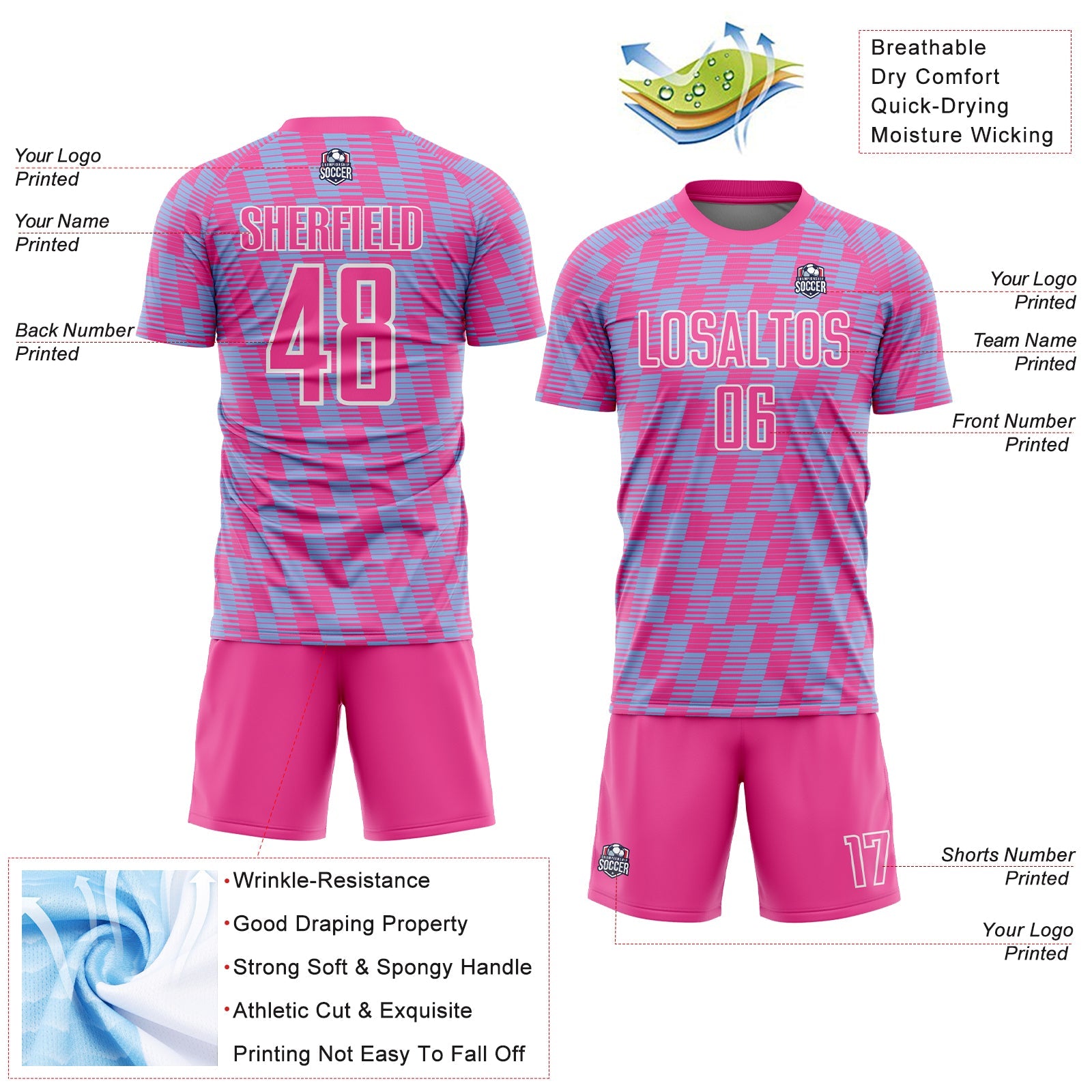 Custom Pink Light Blue-White Line Sublimation Soccer Uniform Jersey - Sky-Custom