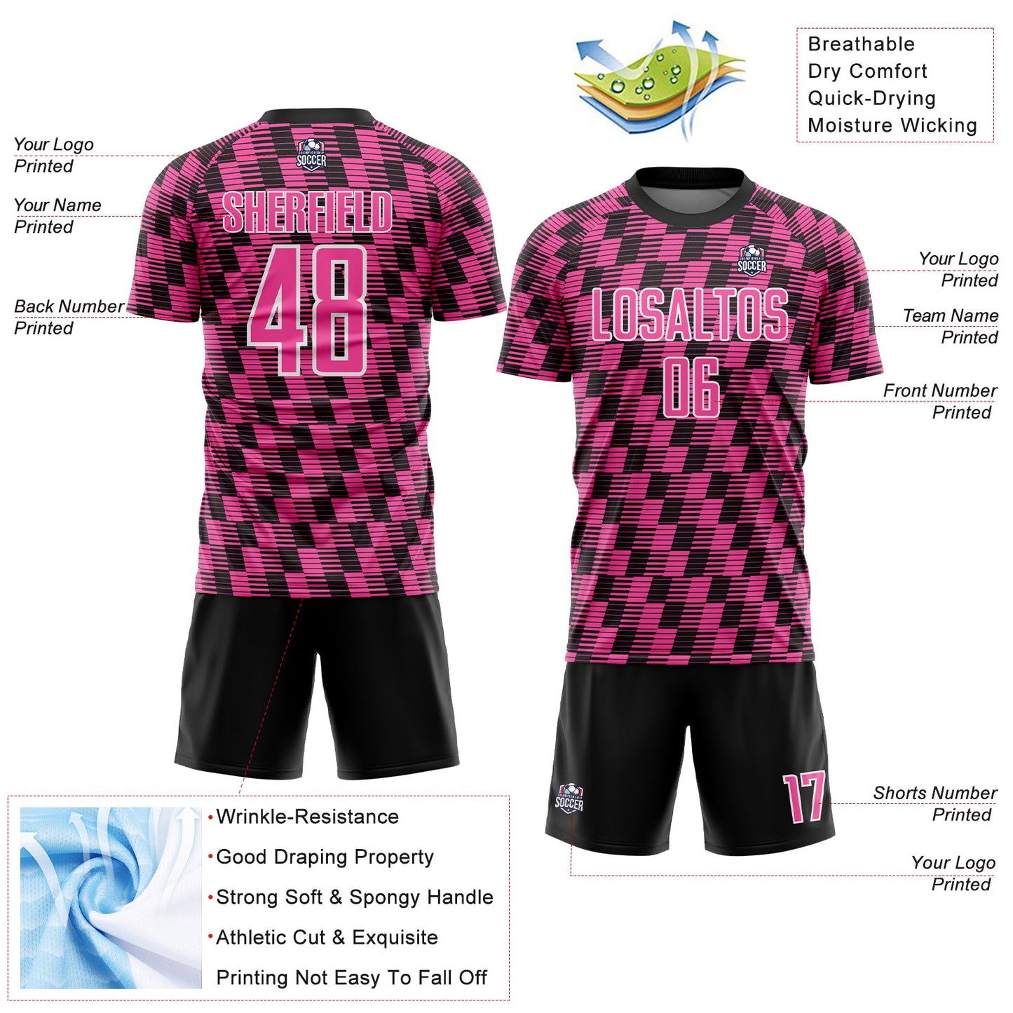 Custom Black Pink-White Line Sublimation Soccer Uniform Jersey - Sky-Custom