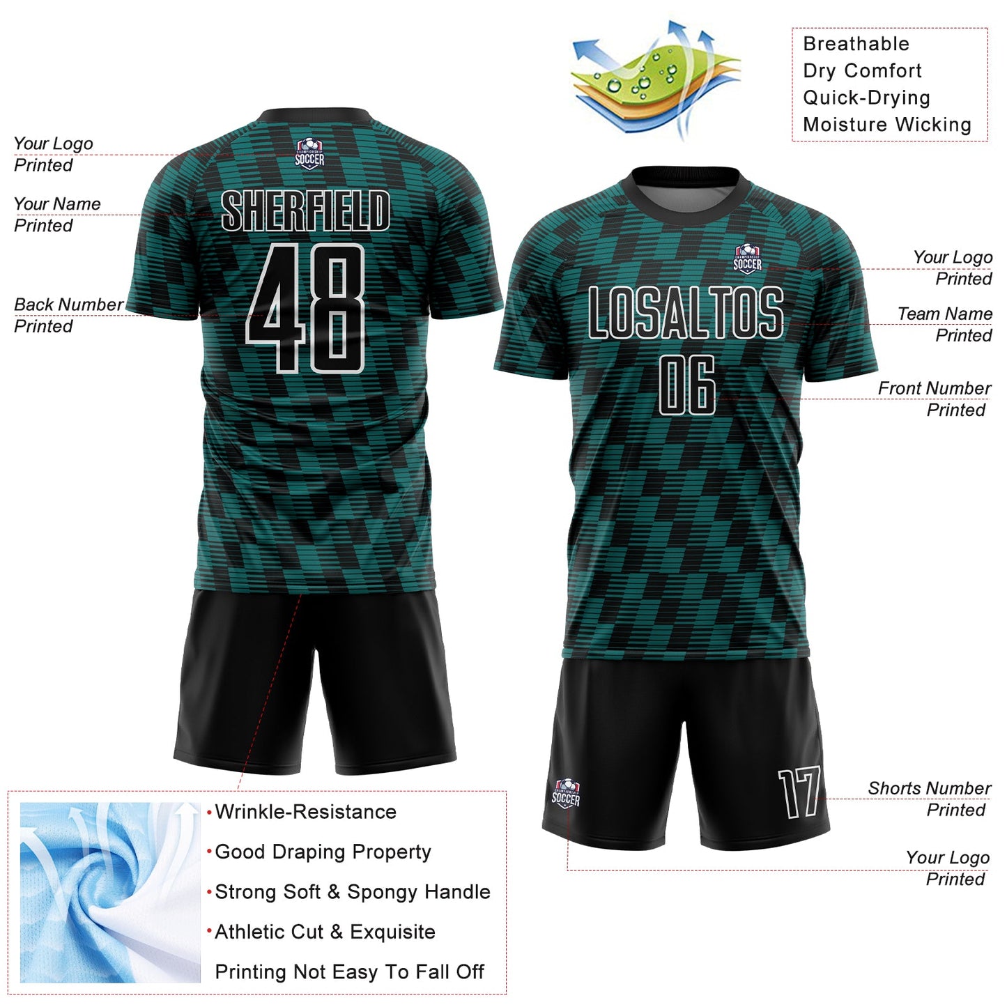 Custom Black Teal-White Line Sublimation Soccer Uniform Jersey - Sky-Custom