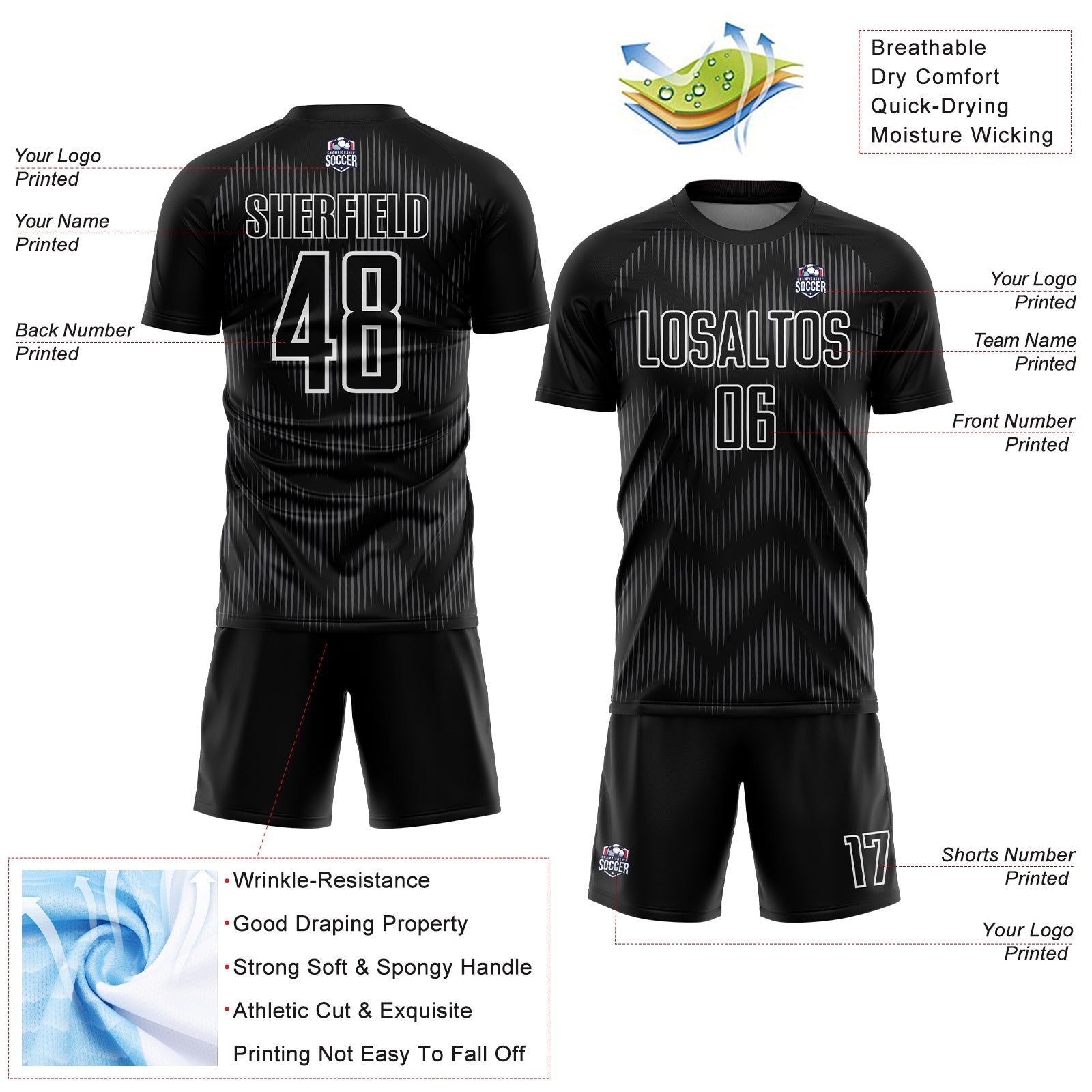 Custom Black Steel Gray-White Line Sublimation Soccer Uniform Jersey - Sky-Custom