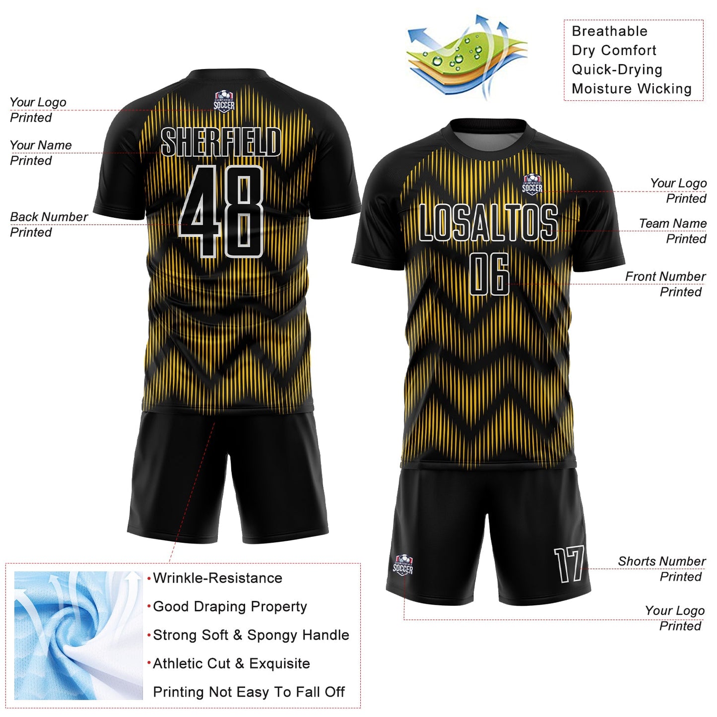 Custom Black Yellow-White Line Sublimation Soccer Uniform Jersey - Sky-Custom
