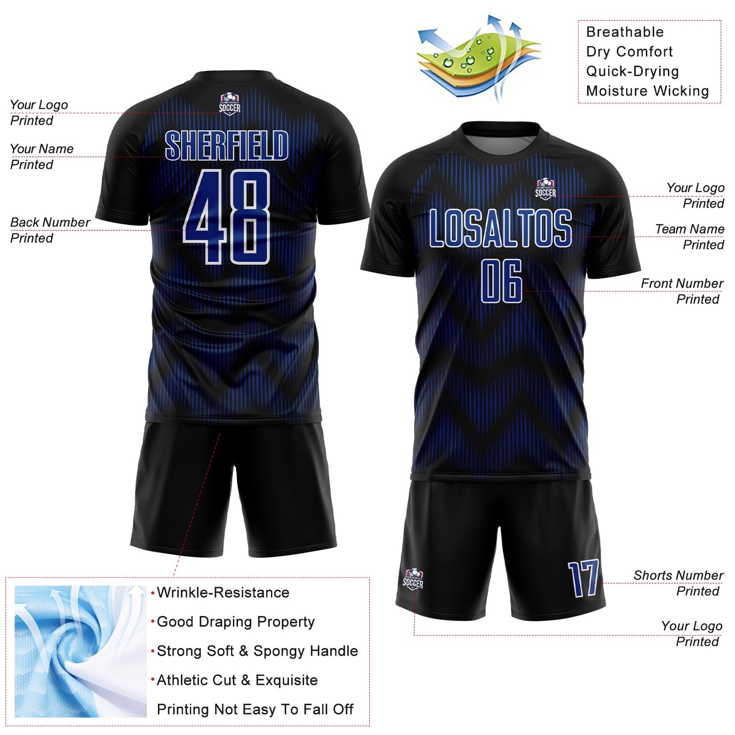 Custom Black Royal-White Line Sublimation Soccer Uniform Jersey - Sky-Custom