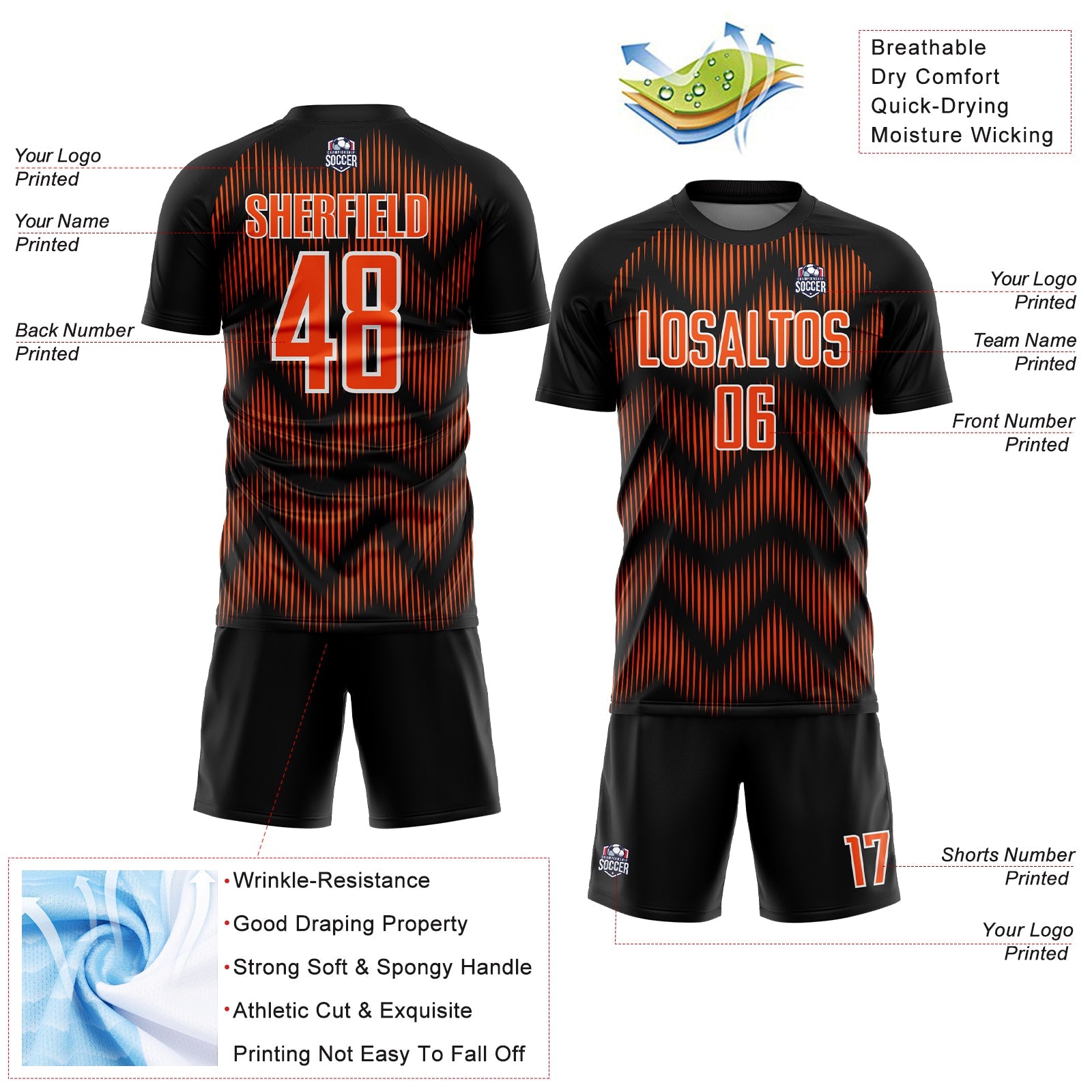 Custom Black Orange-White Line Sublimation Soccer Uniform Jersey - Sky-Custom