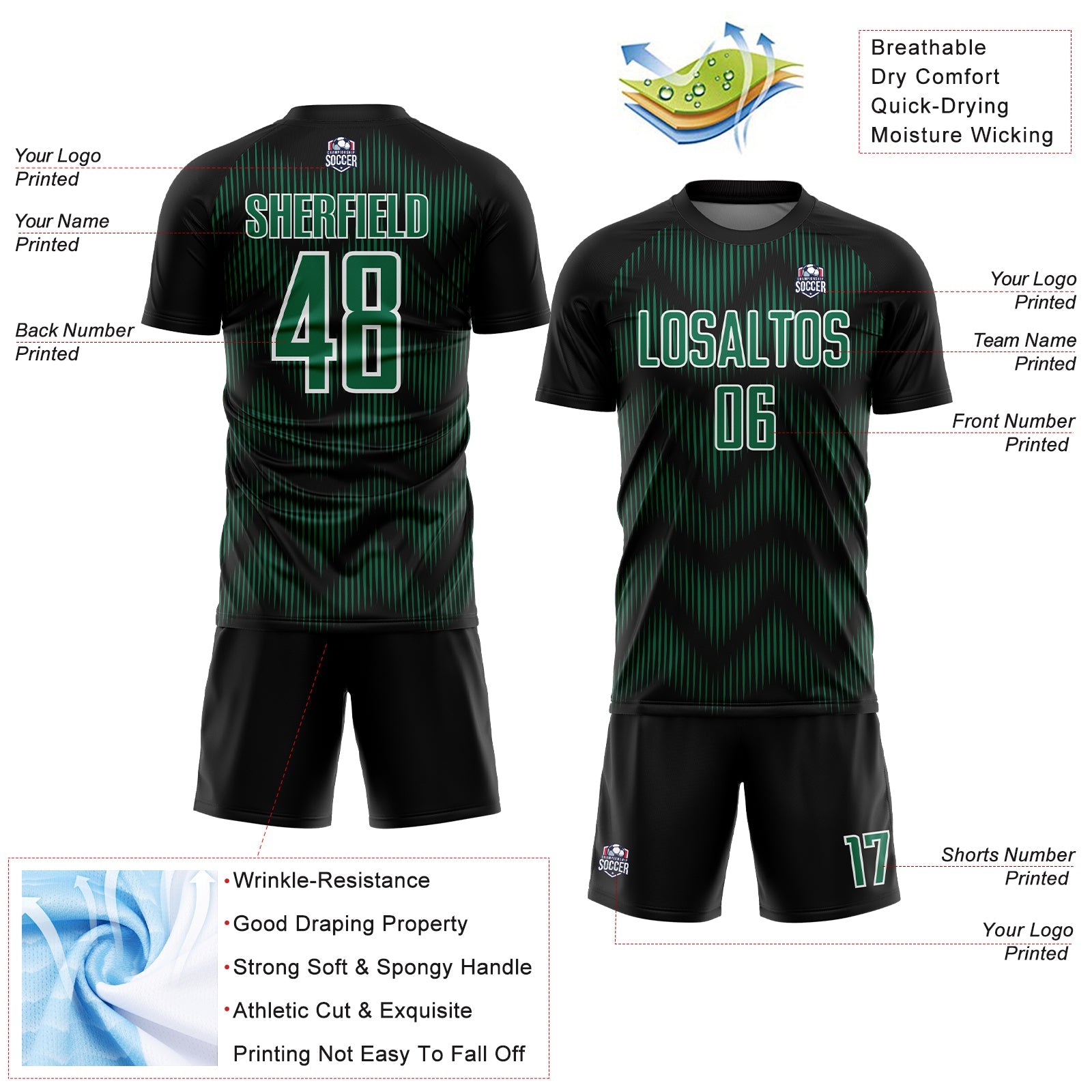 Custom Black Kelly Green-White Line Sublimation Soccer Uniform Jersey - Sky-Custom