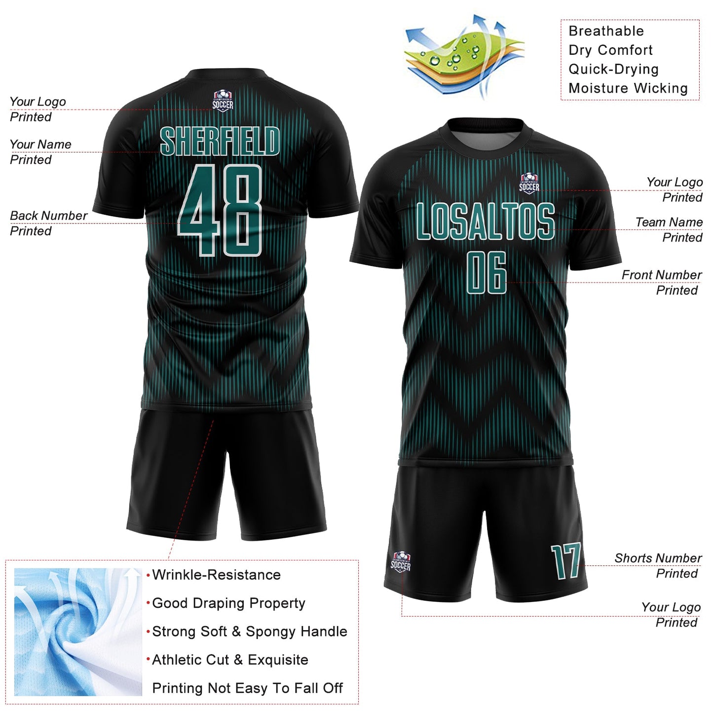 Custom Black Teal-White Line Sublimation Soccer Uniform Jersey - Sky-Custom
