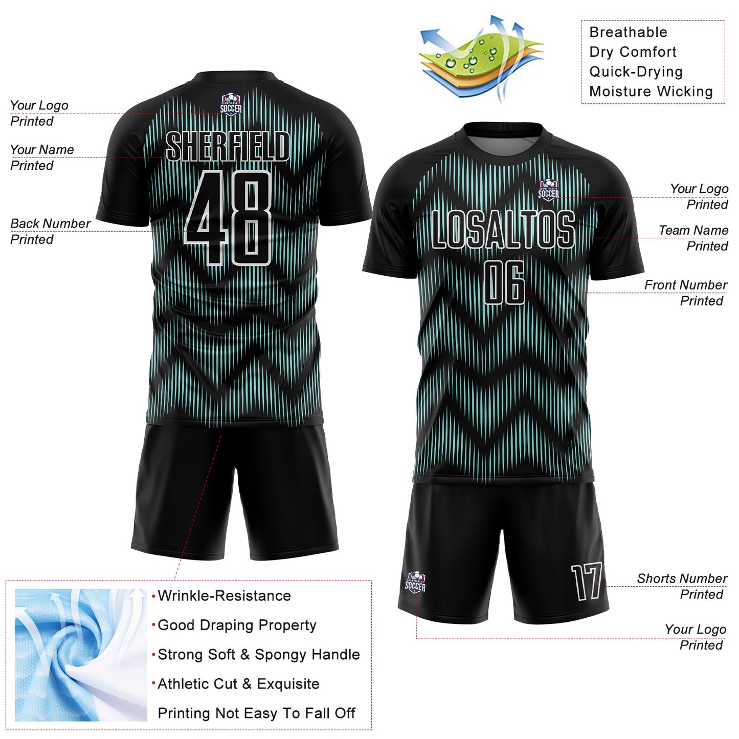 Custom Black Ice Blue-White Line Sublimation Soccer Uniform Jersey - Sky-Custom