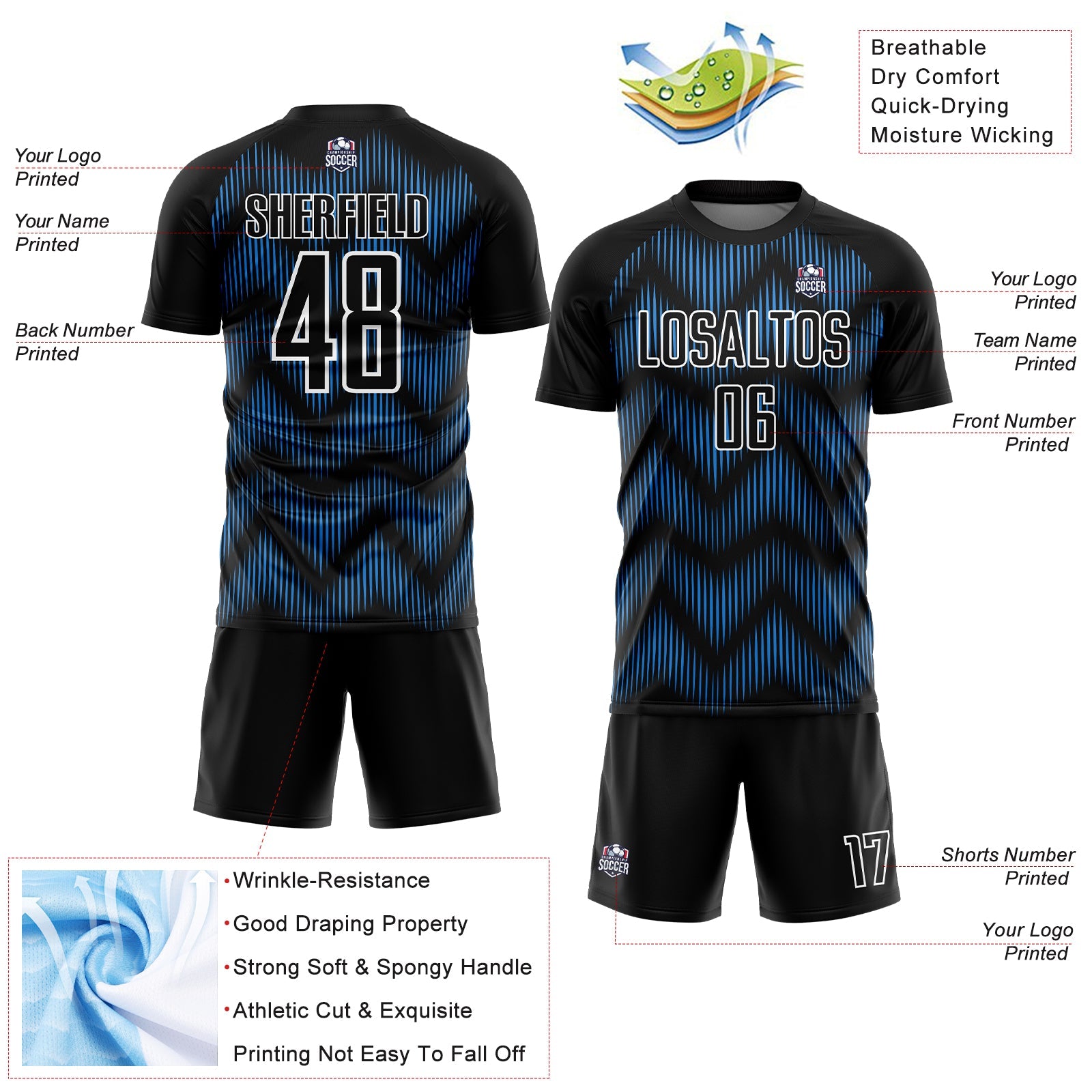 Custom Black Powder Blue-White Line Sublimation Soccer Uniform Jersey - Sky-Custom