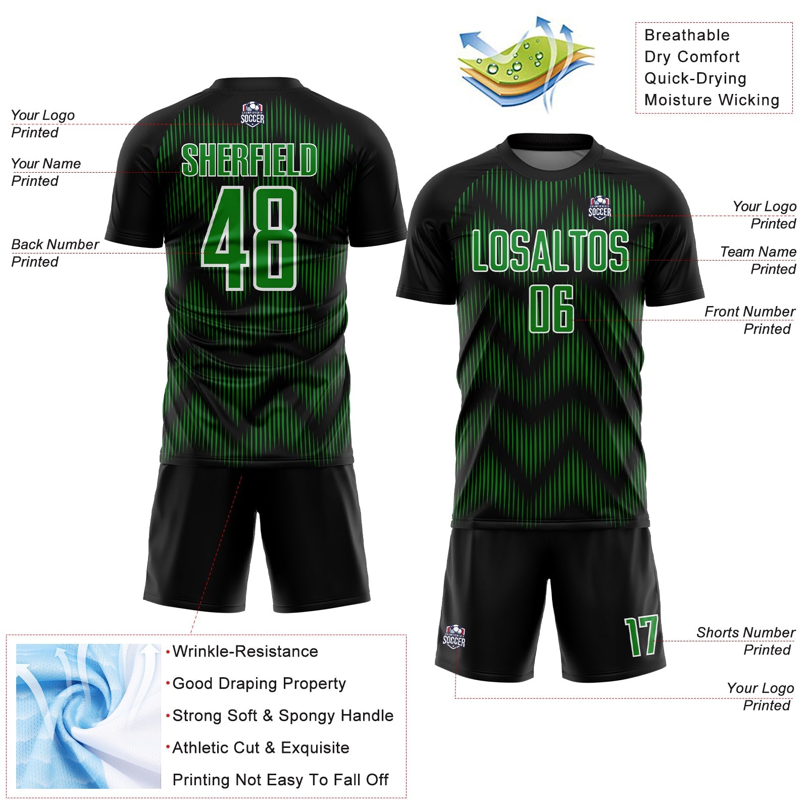 Custom Black Grass Green-White Line Sublimation Soccer Uniform Jersey - Sky-Custom