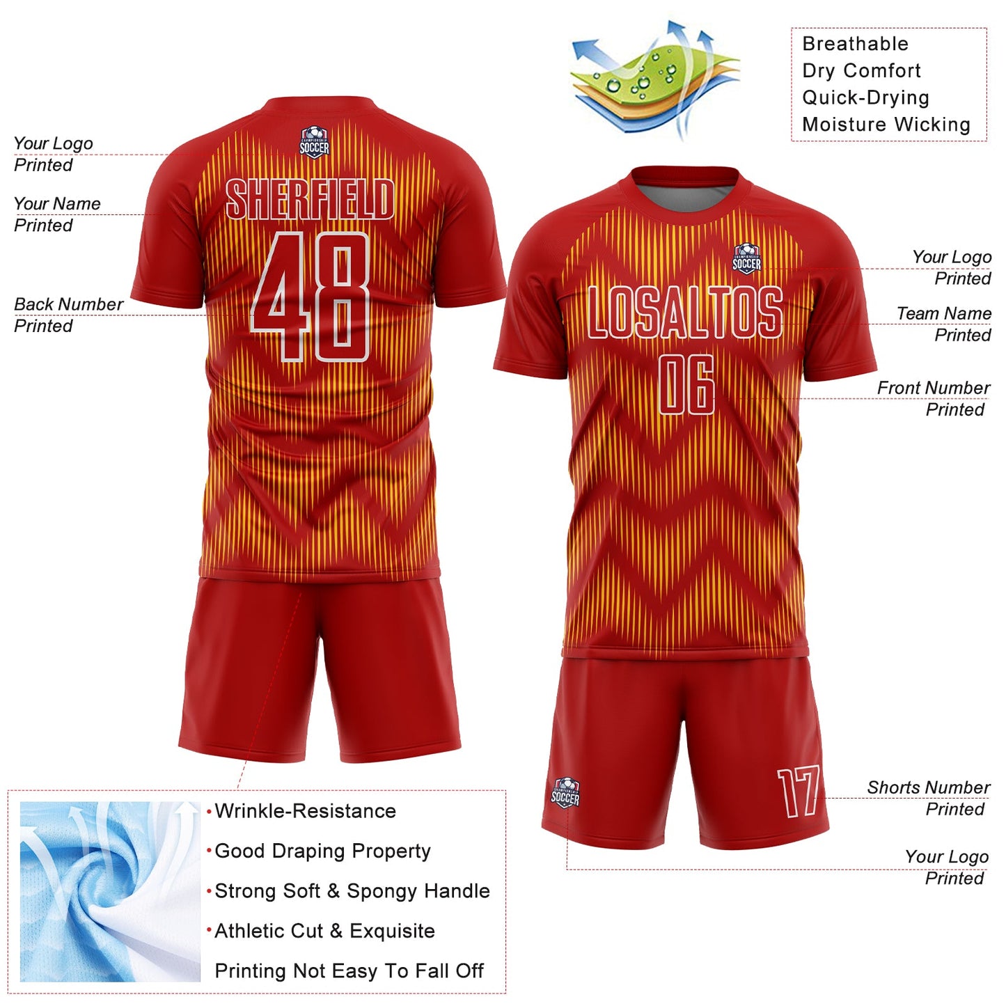 Custom Red Yellow-White Line Sublimation Soccer Uniform Jersey - Sky-Custom
