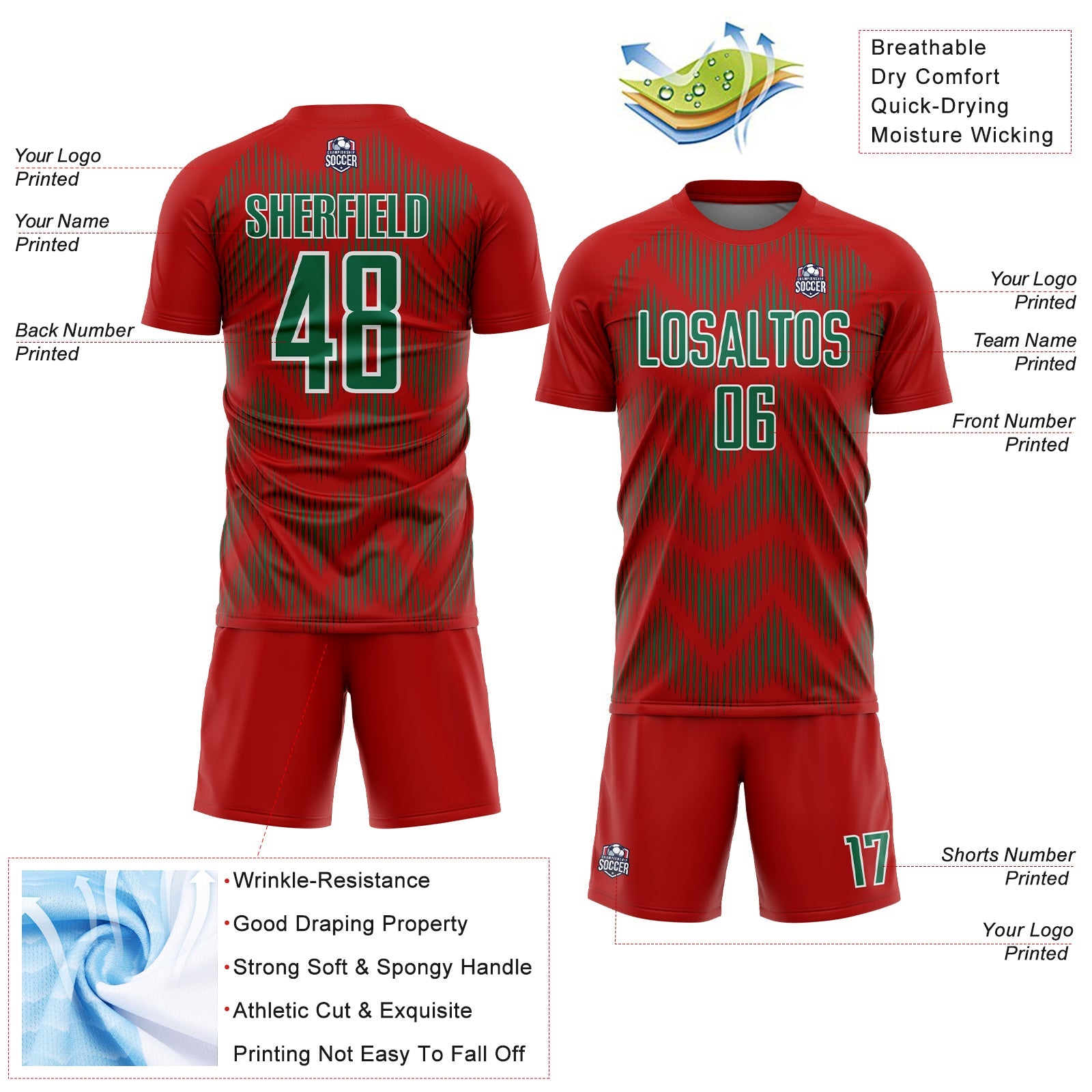 Custom Red Kelly Green-White Line Sublimation Soccer Uniform Jersey - Sky-Custom