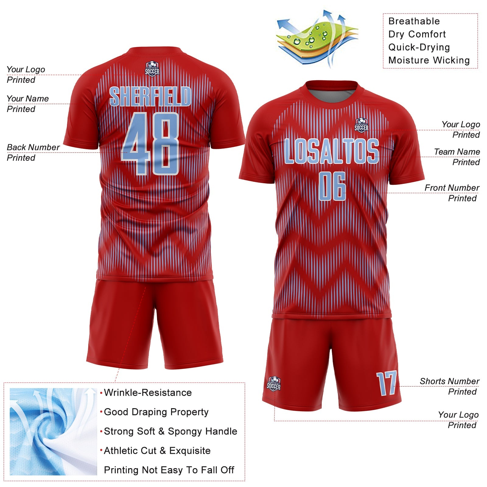 Custom Red Light Blue-White Line Sublimation Soccer Uniform Jersey - Sky-Custom