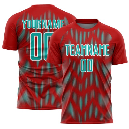 Custom Red Aqua-White Line Sublimation Soccer Uniform Jersey - Sky-Custom