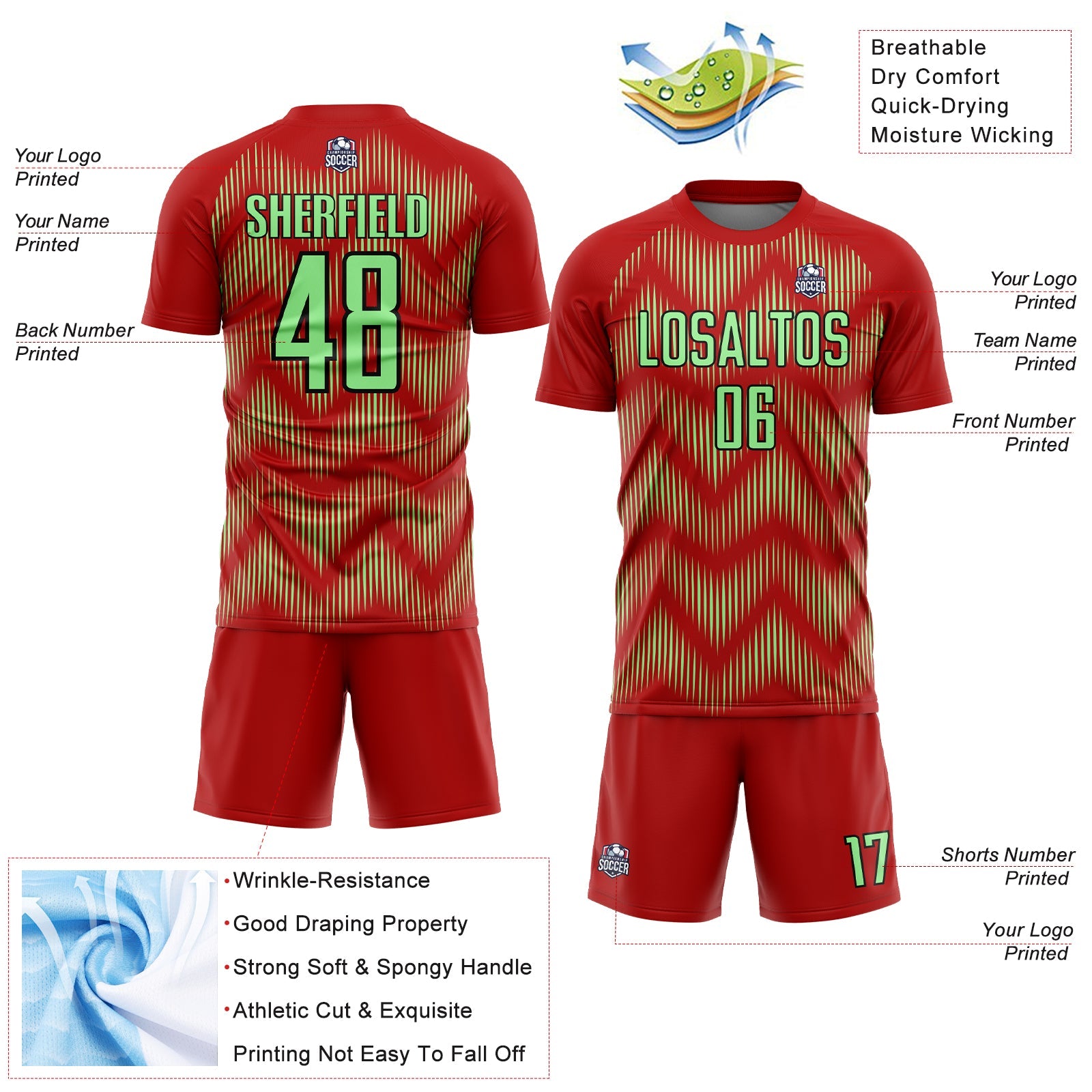 Custom Red Pea Green-Black Line Sublimation Soccer Uniform Jersey - Sky-Custom