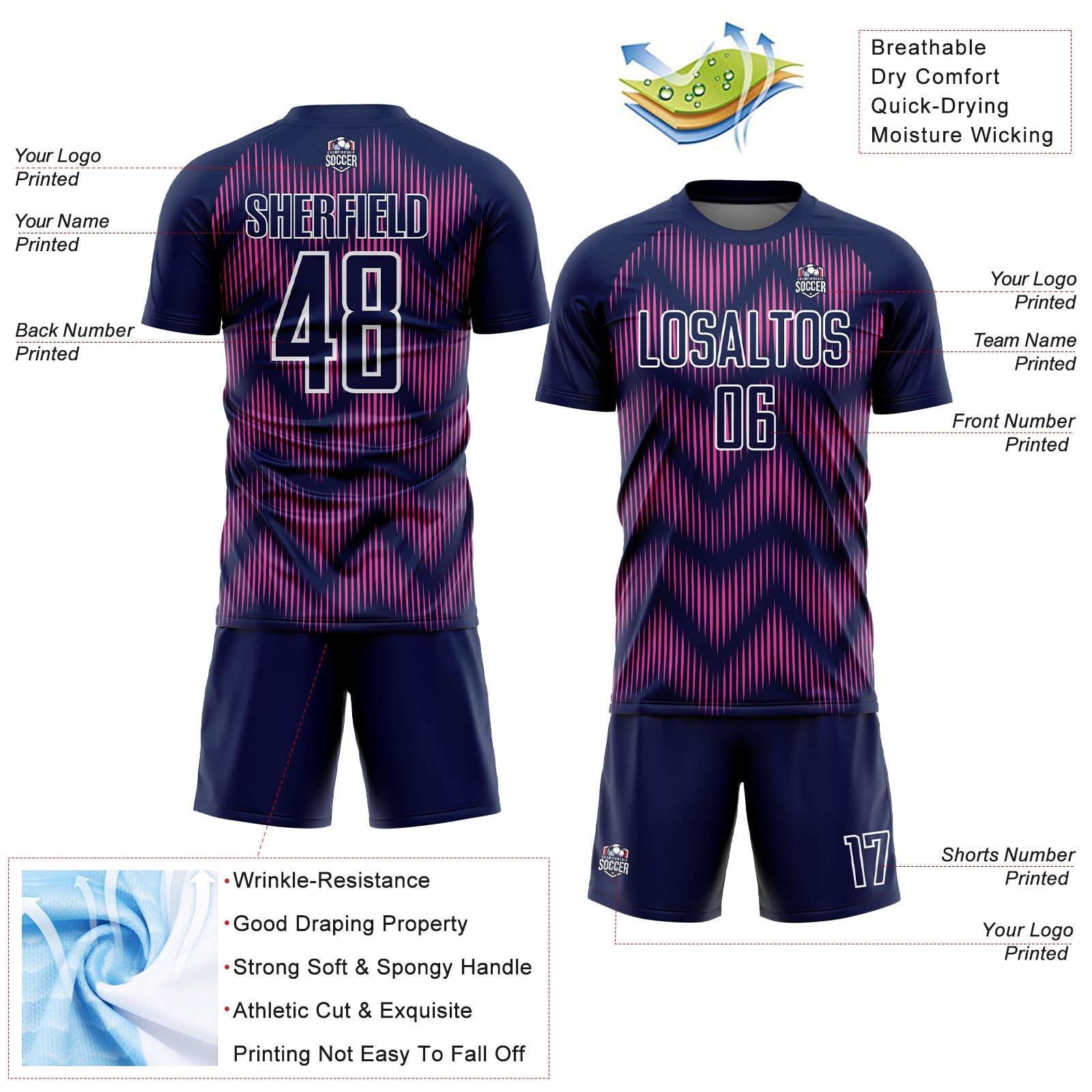 Custom Navy Pink-White Line Sublimation Soccer Uniform Jersey - Sky-Custom