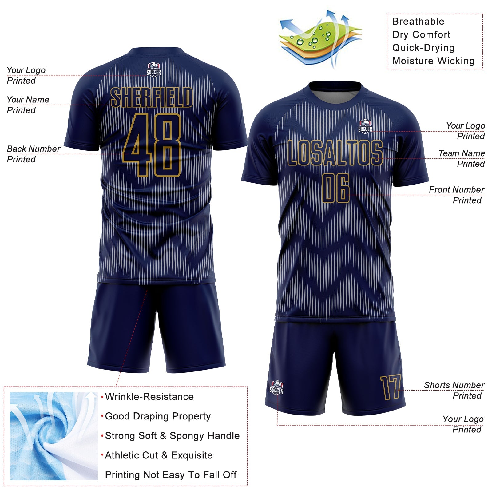 Custom Navy Gray-Old Gold Line Sublimation Soccer Uniform Jersey - Sky-Custom