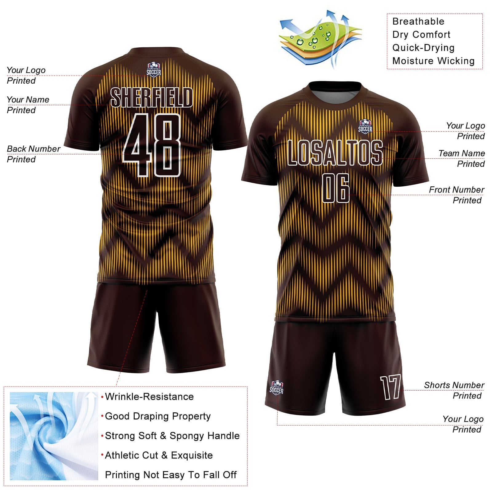 Custom Brown Gold-White Line Sublimation Soccer Uniform Jersey - Sky-Custom