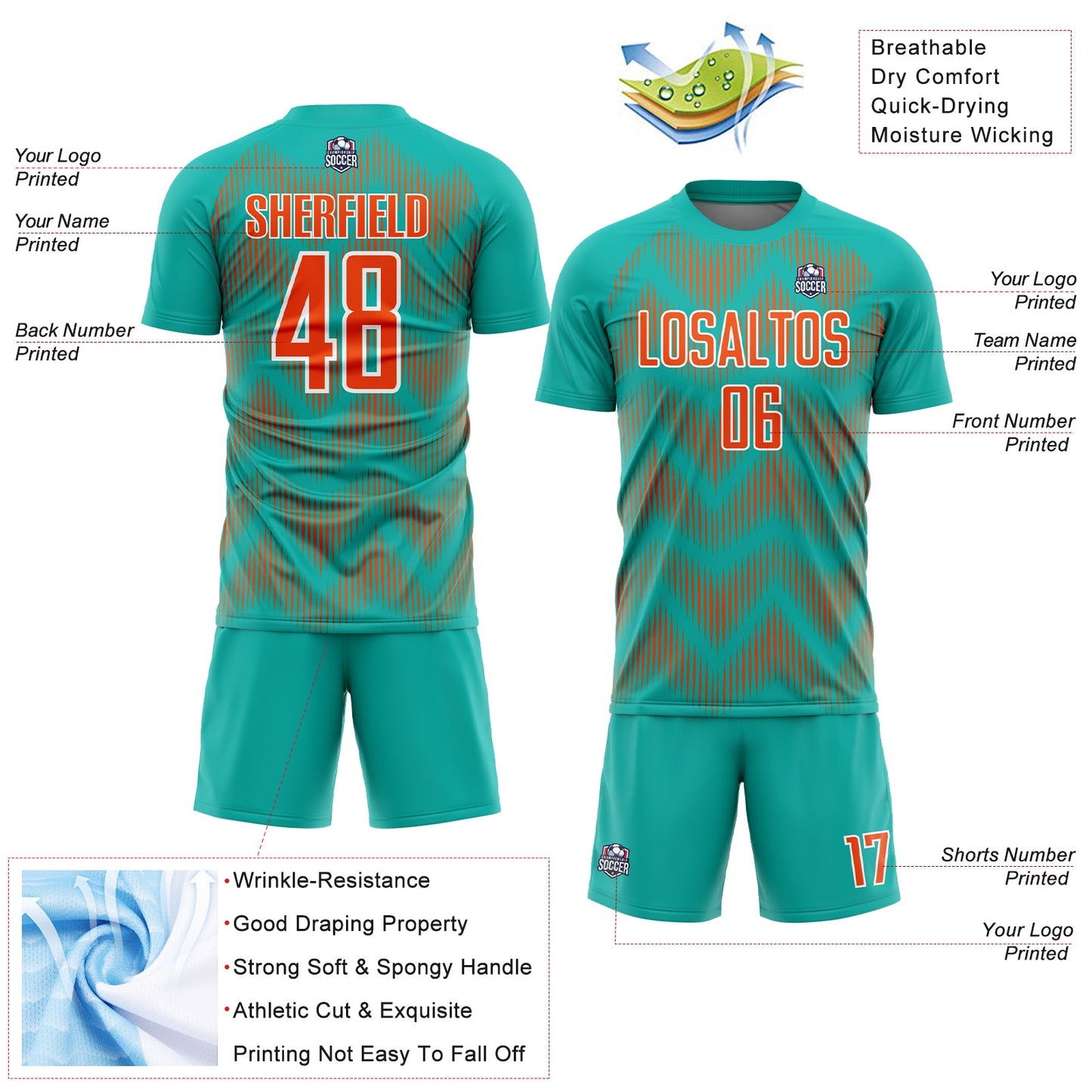 Custom Aqua Orange-White Line Sublimation Soccer Uniform Jersey - Sky-Custom