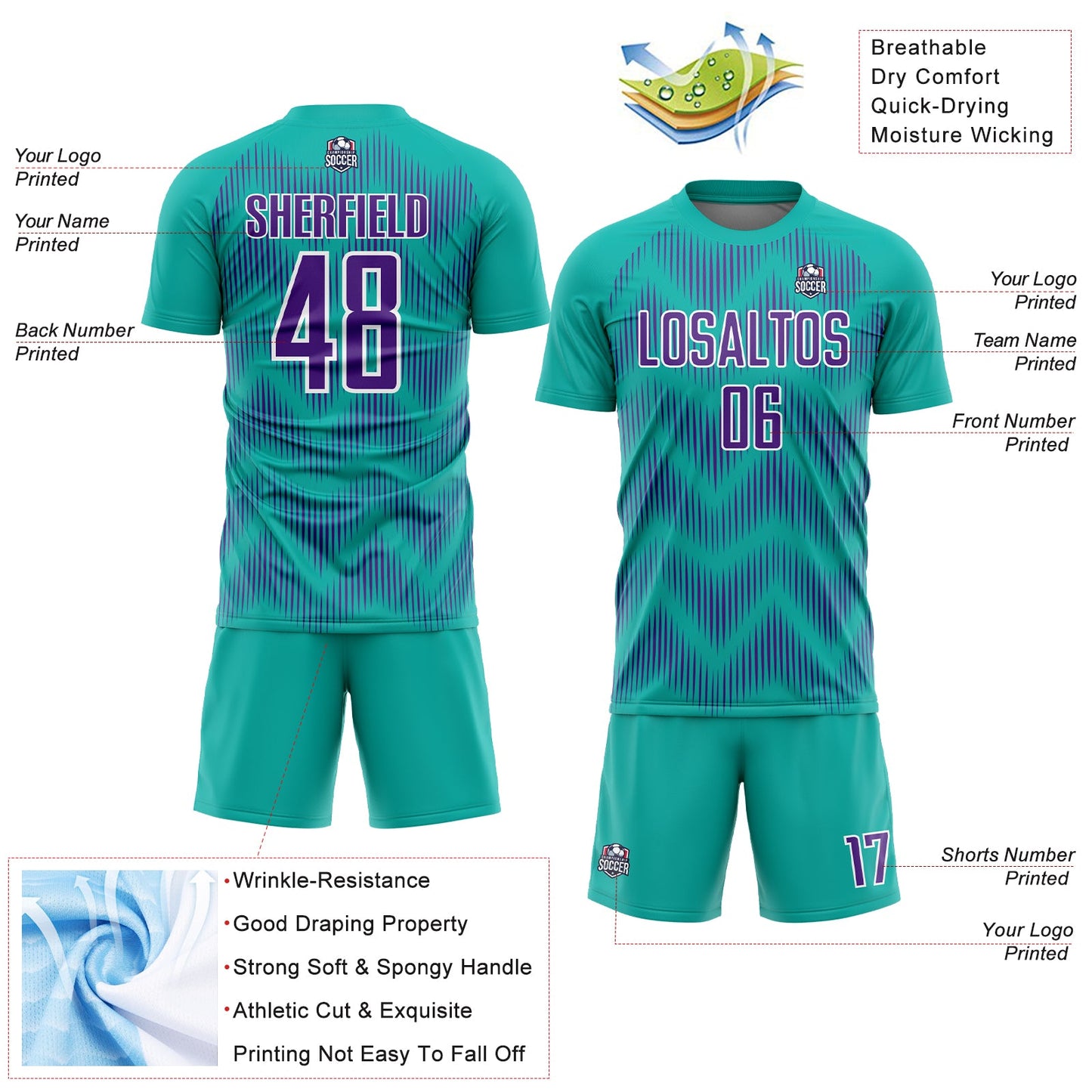 Custom Aqua Purple-White Line Sublimation Soccer Uniform Jersey - Sky-Custom