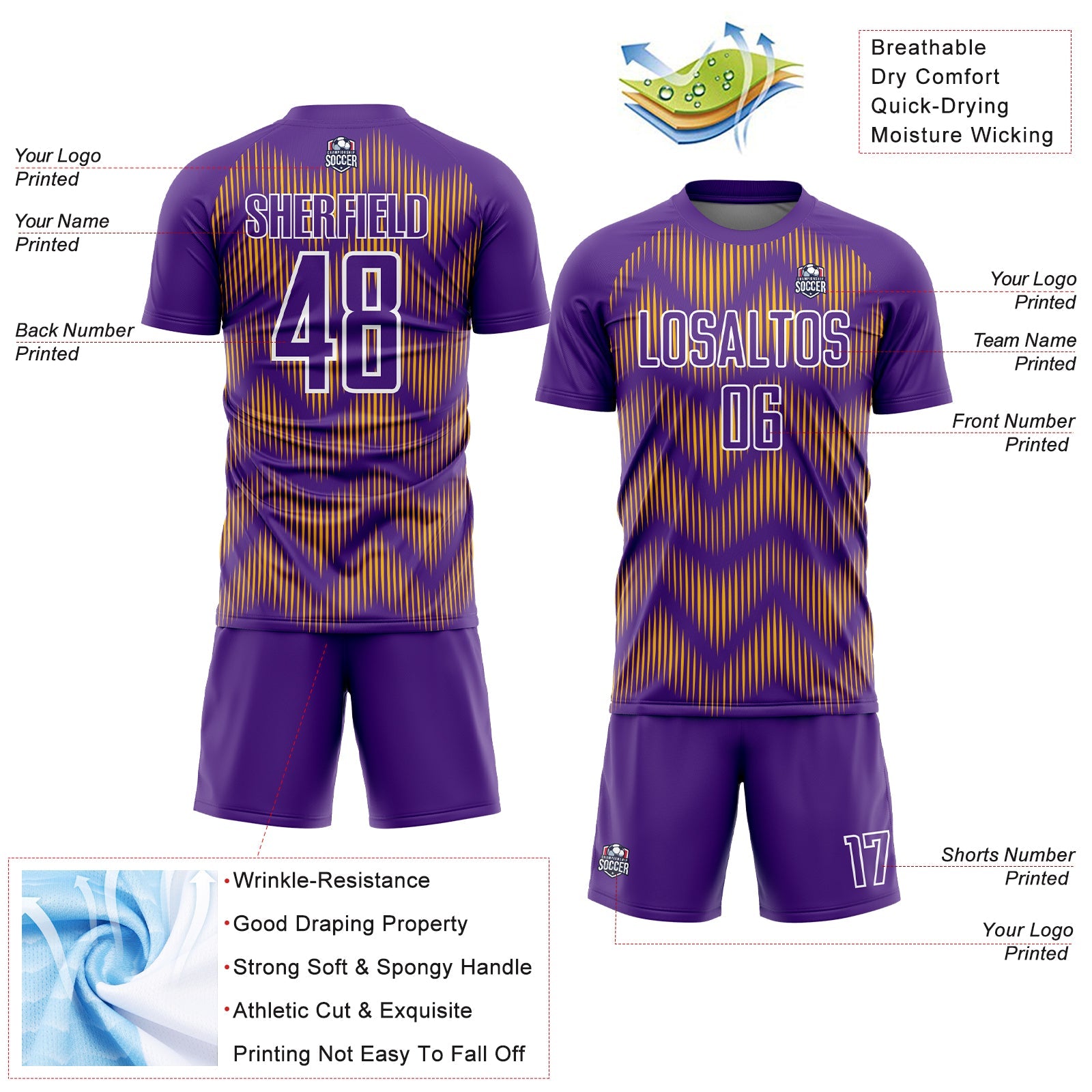 Custom Purple Gold-White Line Sublimation Soccer Uniform Jersey - Sky-Custom