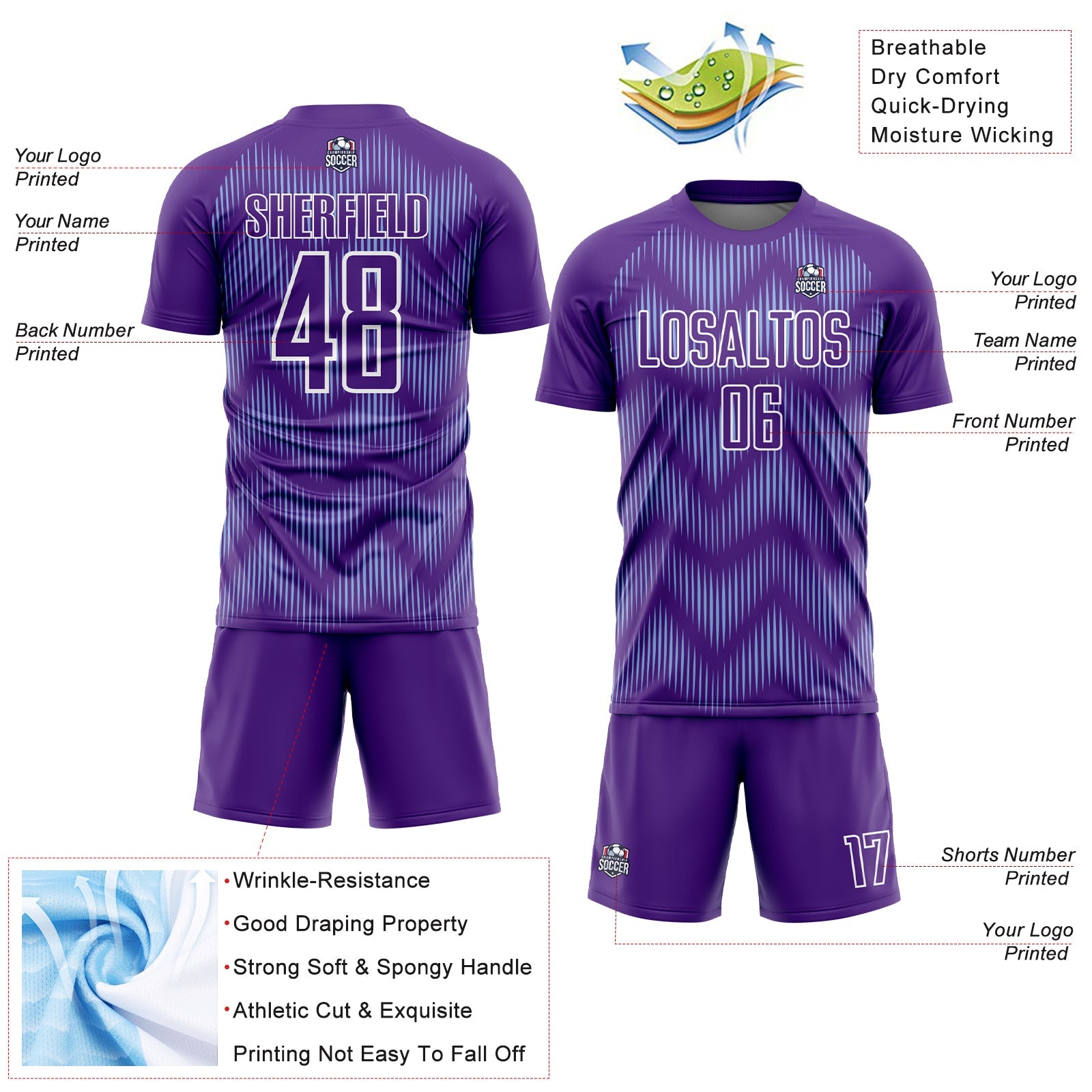 Custom Purple Light Blue-White Line Sublimation Soccer Uniform Jersey - Sky-Custom