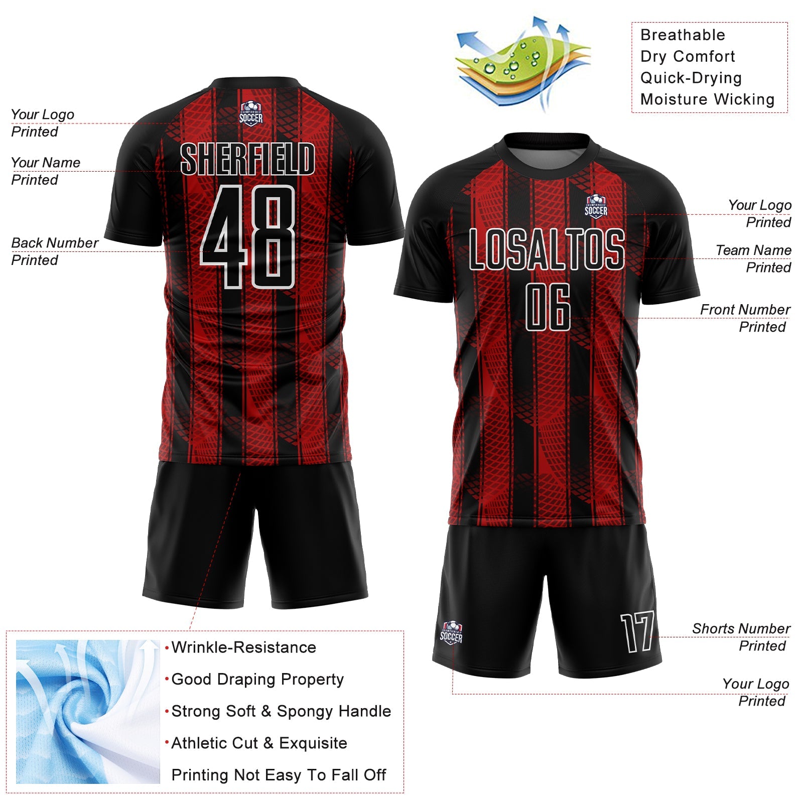Custom Black Red-White Abstract Network Sublimation Soccer Uniform Jersey - Sky-Custom