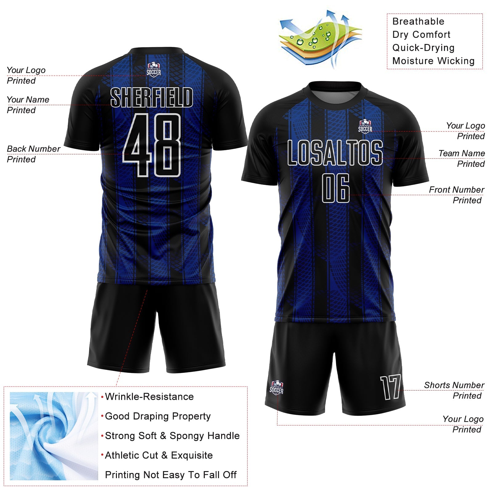 Custom Black Royal-White Abstract Network Sublimation Soccer Uniform Jersey - Sky-Custom