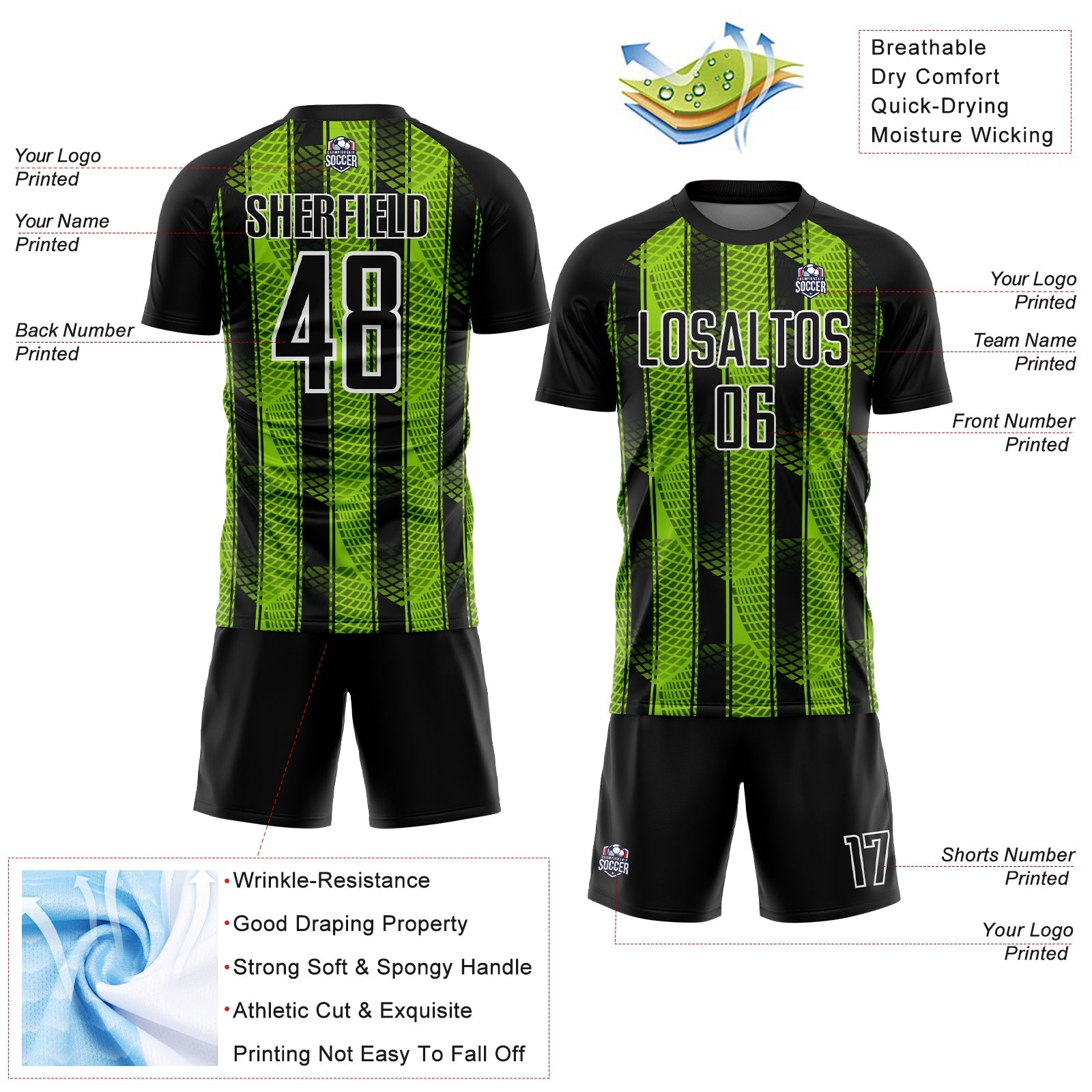 Custom Black Neon Green-White Abstract Network Sublimation Soccer Uniform Jersey - Sky-Custom