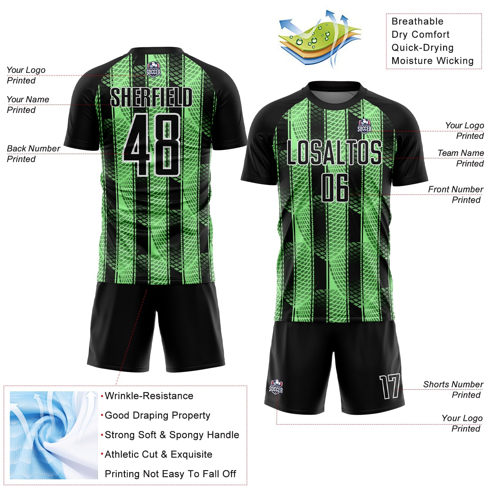 Custom Black Pea Green-White Abstract Network Sublimation Soccer Uniform Jersey - Sky-Custom