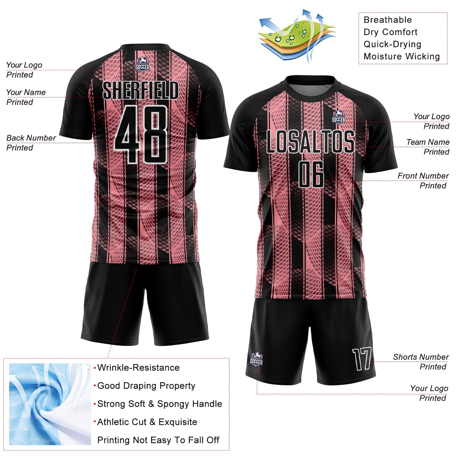 Custom Black Medium Pink-White Abstract Network Sublimation Soccer Uniform Jersey - Sky-Custom