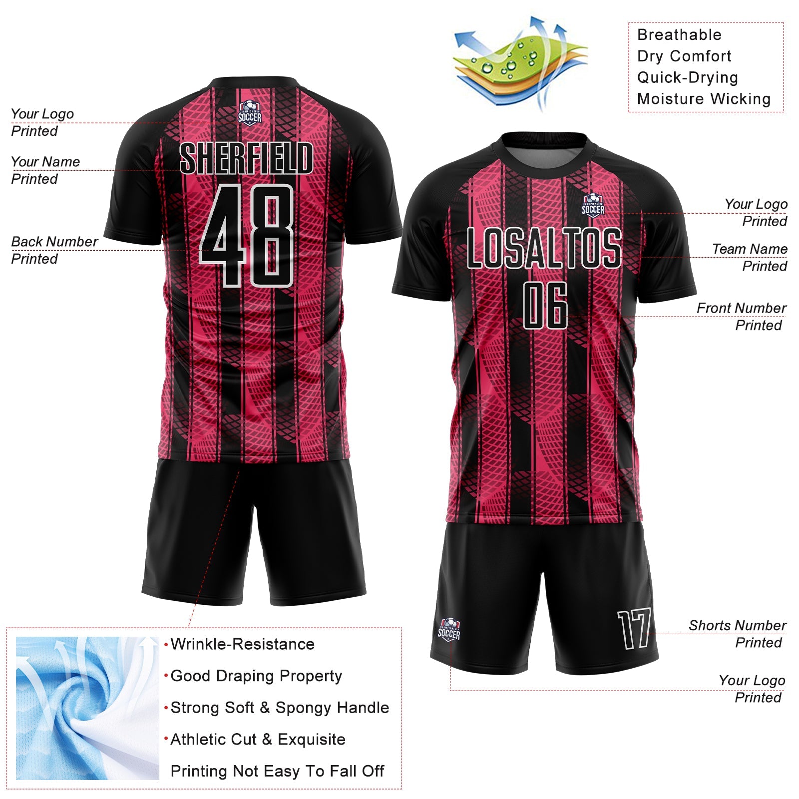 Custom Black Neon Pink-White Abstract Network Sublimation Soccer Uniform Jersey - Sky-Custom