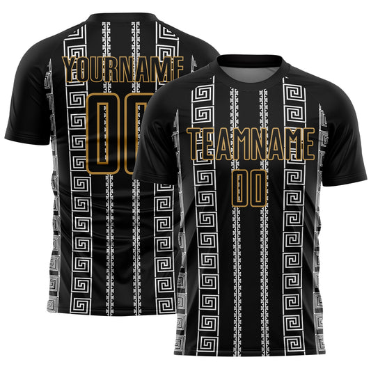 Custom Black Old Gold-White Geometric Shape Sublimation Soccer Uniform Jersey - Sky-Custom