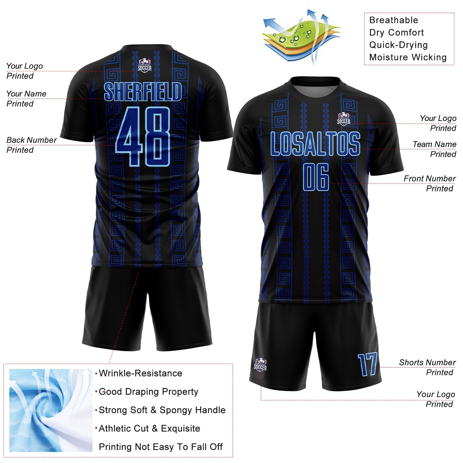 Custom Black Royal-Light Blue Geometric Shape Sublimation Soccer Uniform Jersey - Sky-Custom