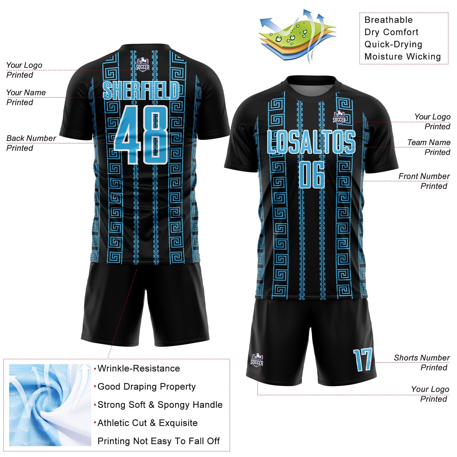 Custom Black Sky Blue-White Geometric Shape Sublimation Soccer Uniform Jersey - Sky-Custom