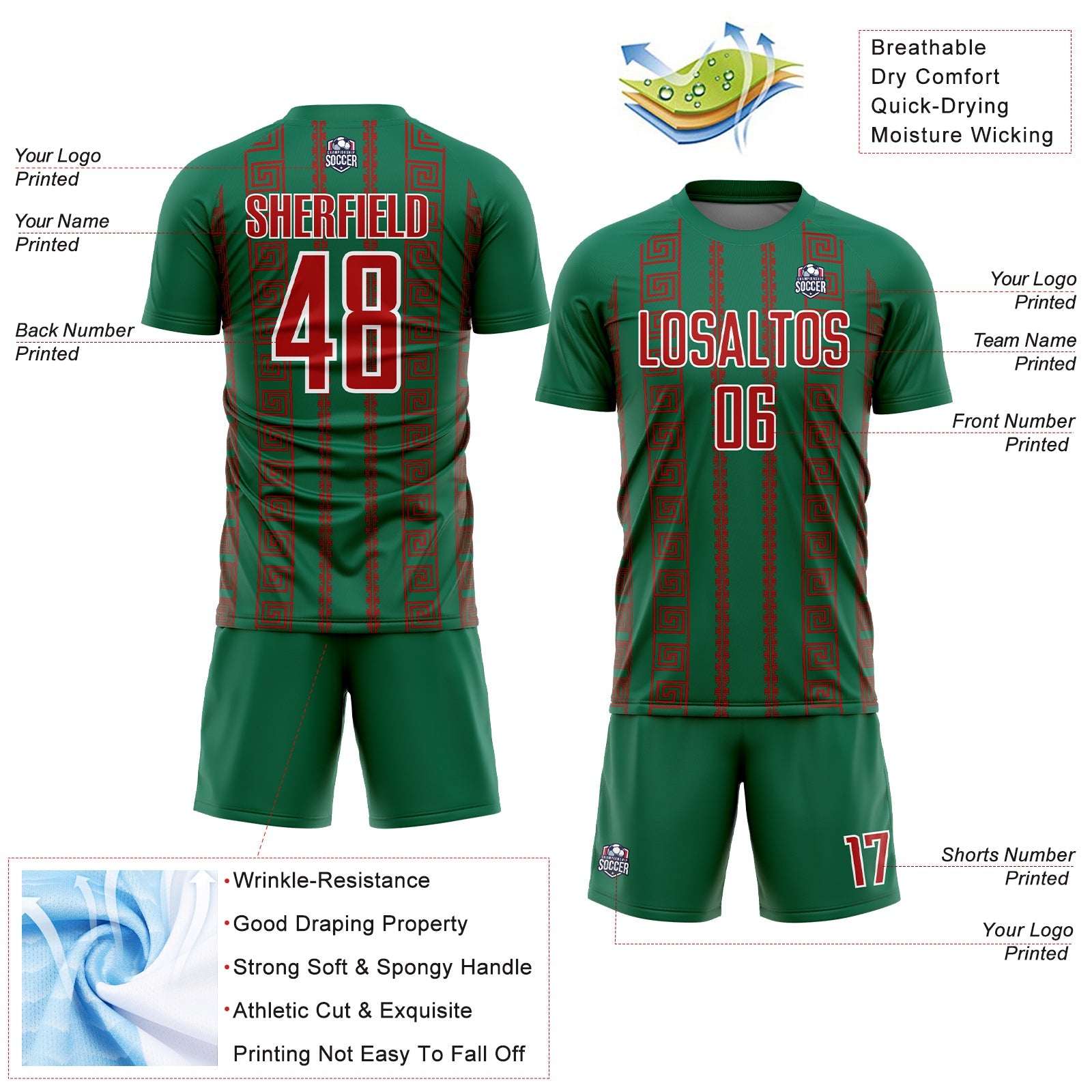Custom Kelly Green Red-White Geometric Shape Sublimation Soccer Uniform Jersey - Sky-Custom