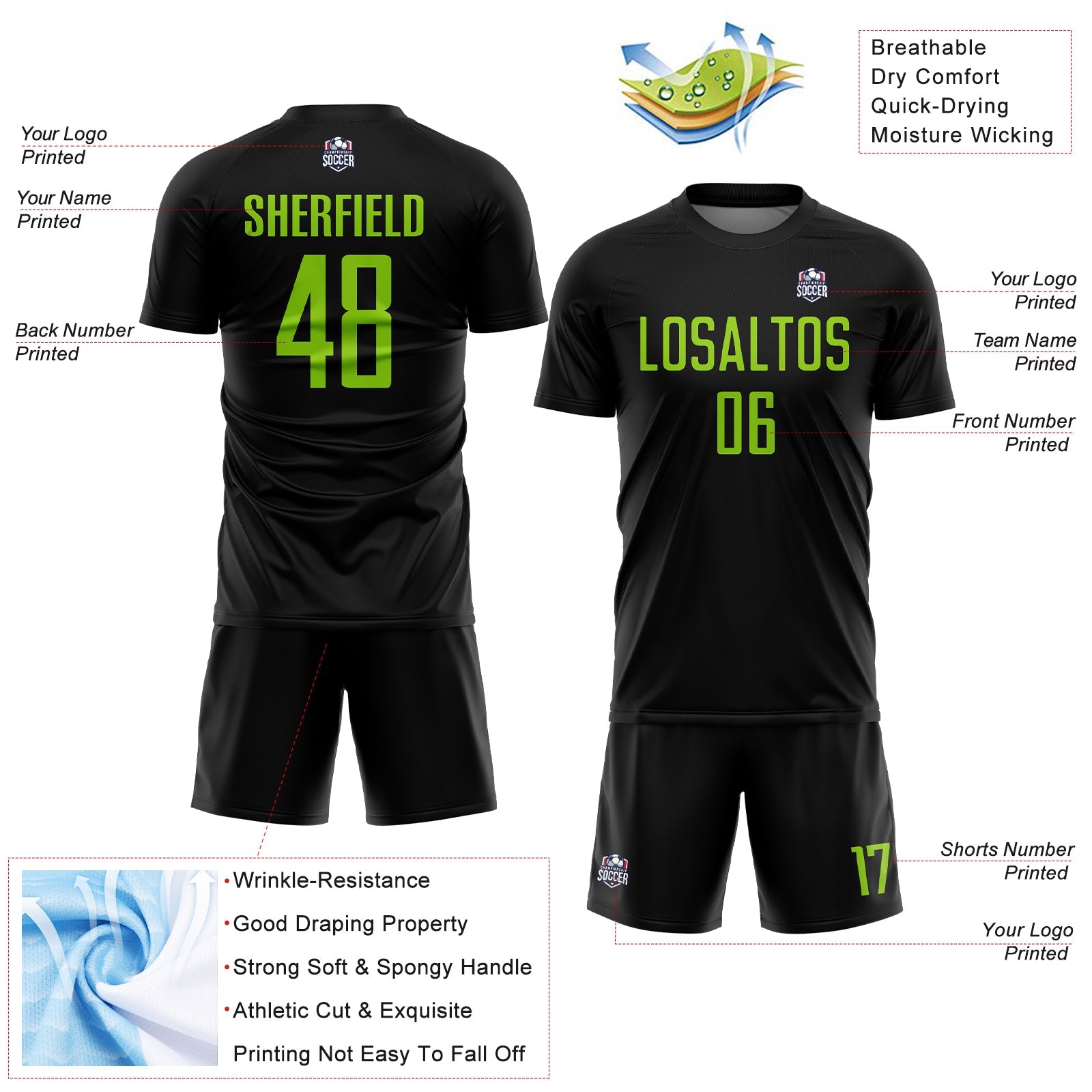 Custom Black Neon Green Sublimation Soccer Uniform Jersey - Sky-Custom