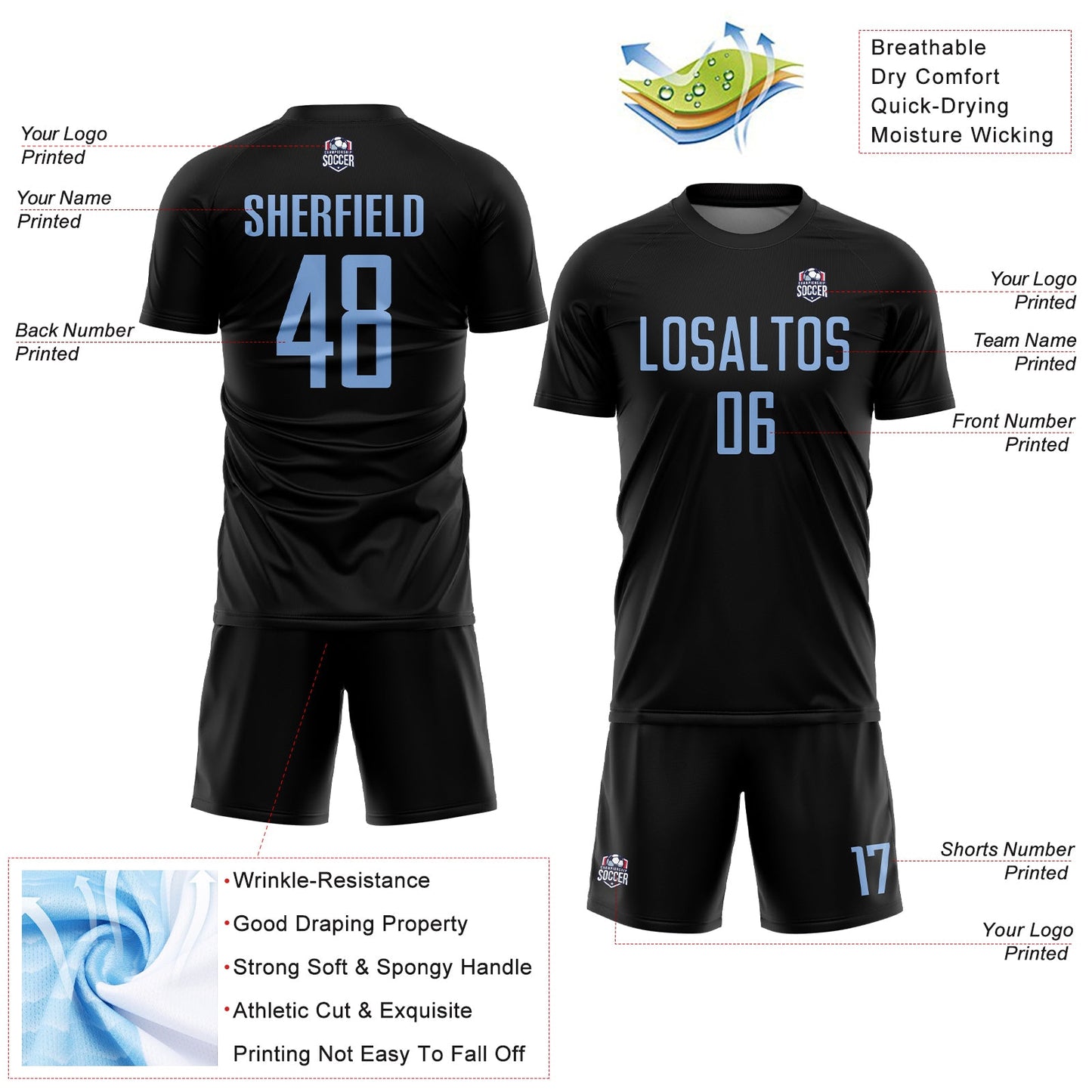 Custom Black Light Blue Sublimation Soccer Uniform Jersey - Sky-Custom