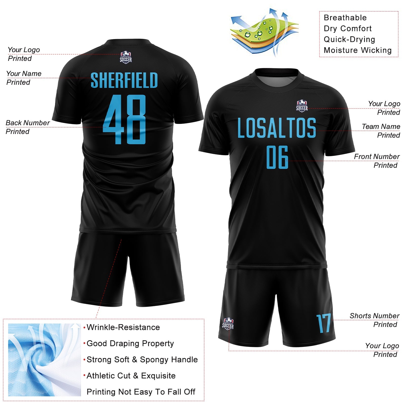 Custom Black Sky Blue Sublimation Soccer Uniform Jersey - Sky-Custom