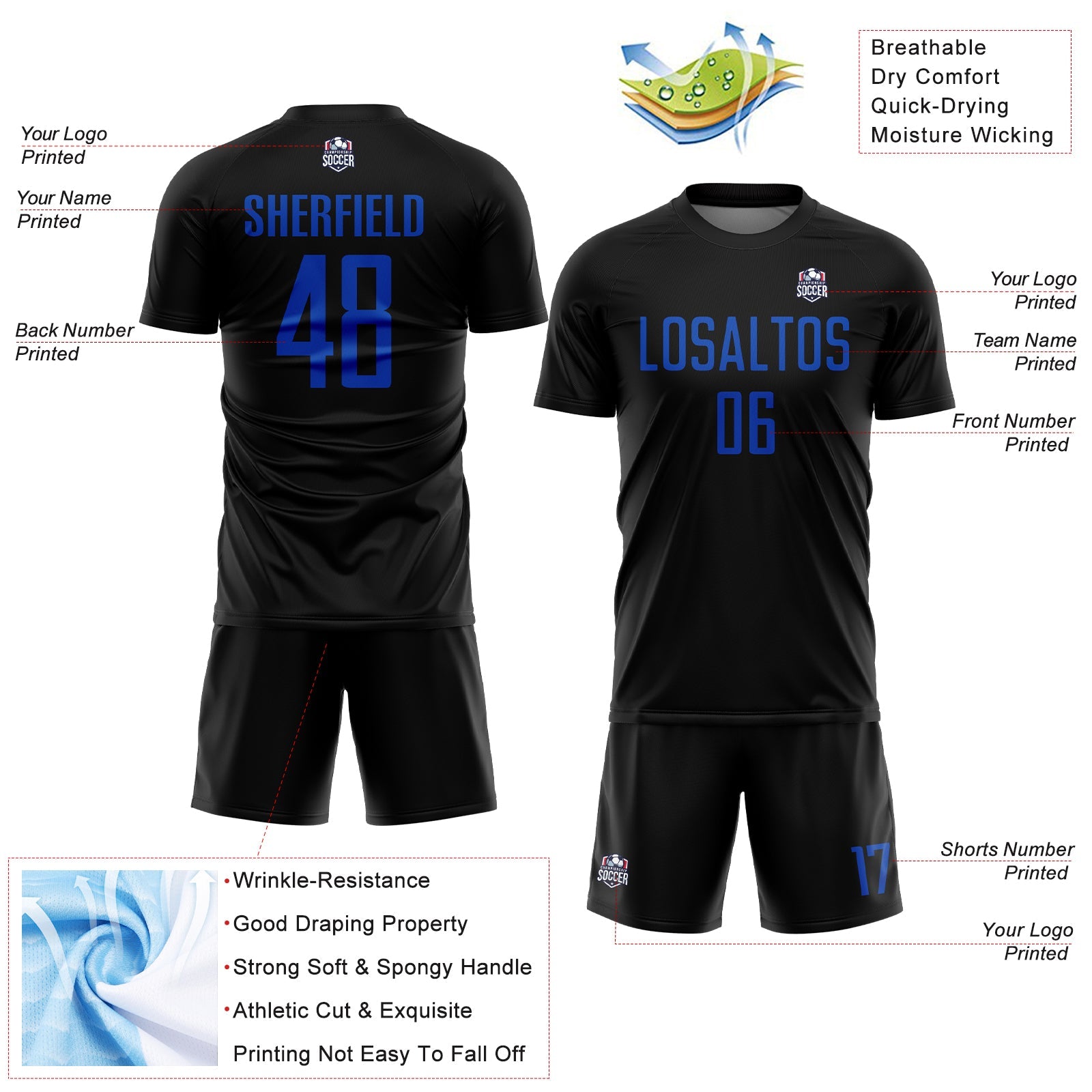 Custom Black Thunder Blue Sublimation Soccer Uniform Jersey - Sky-Custom