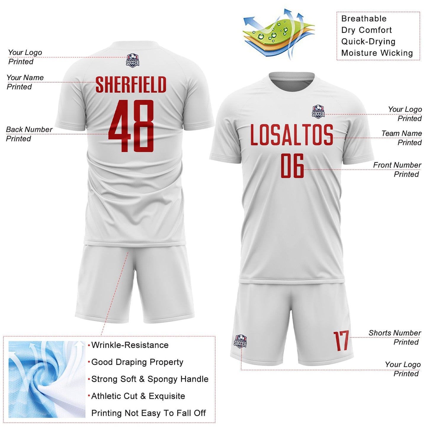 Custom White Red Sublimation Soccer Uniform Jersey - Sky-Custom
