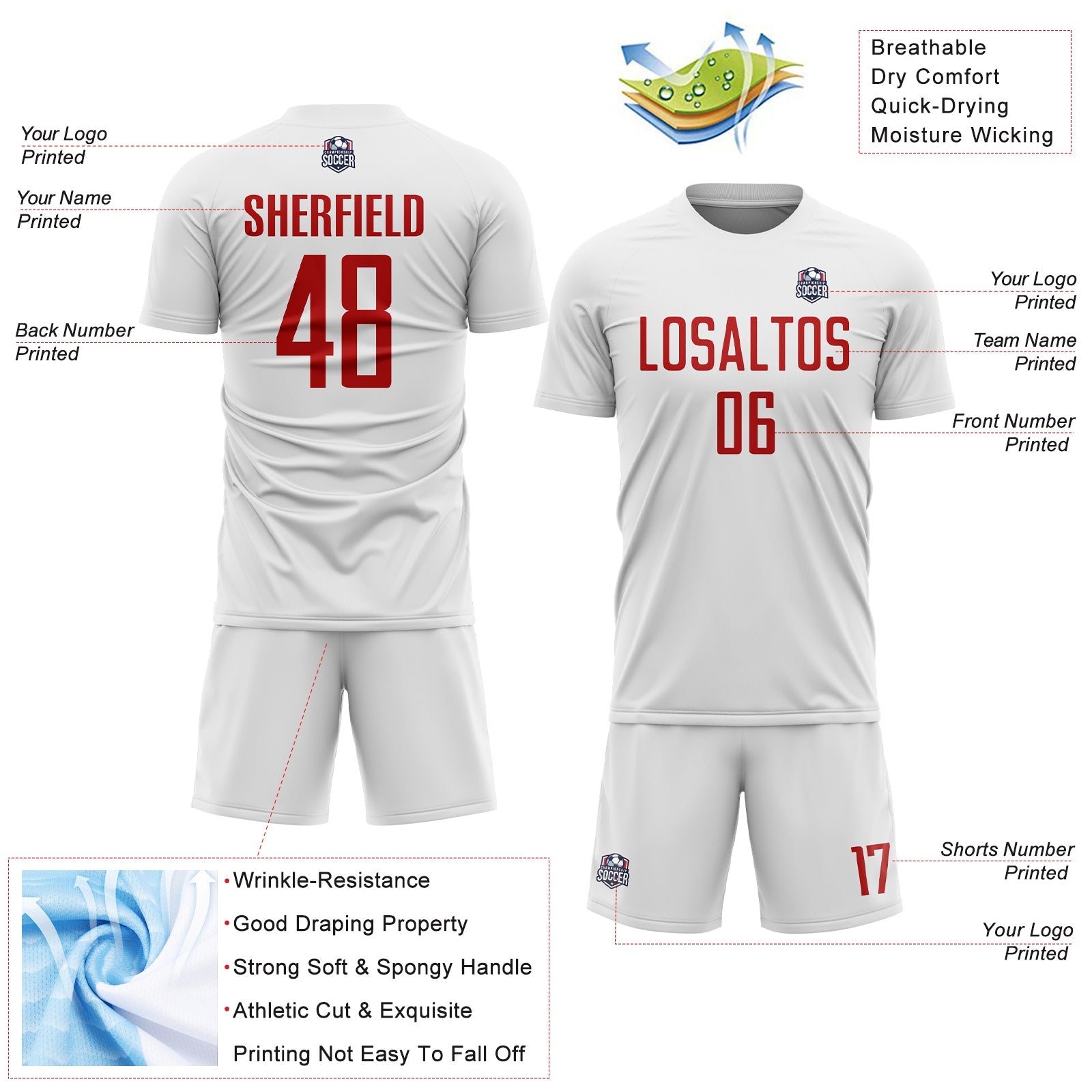 Custom White Red Sublimation Soccer Uniform Jersey - Sky-Custom