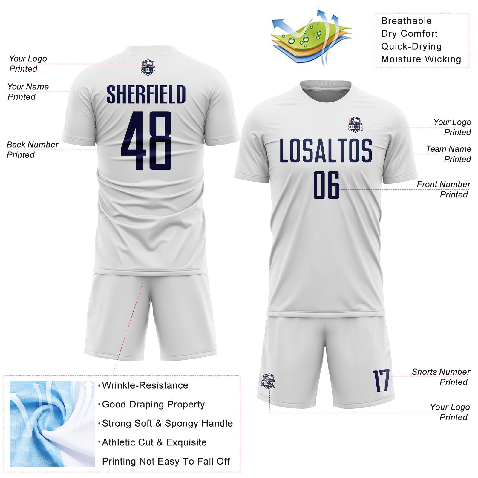 Custom White Navy Sublimation Soccer Uniform Jersey - Sky-Custom