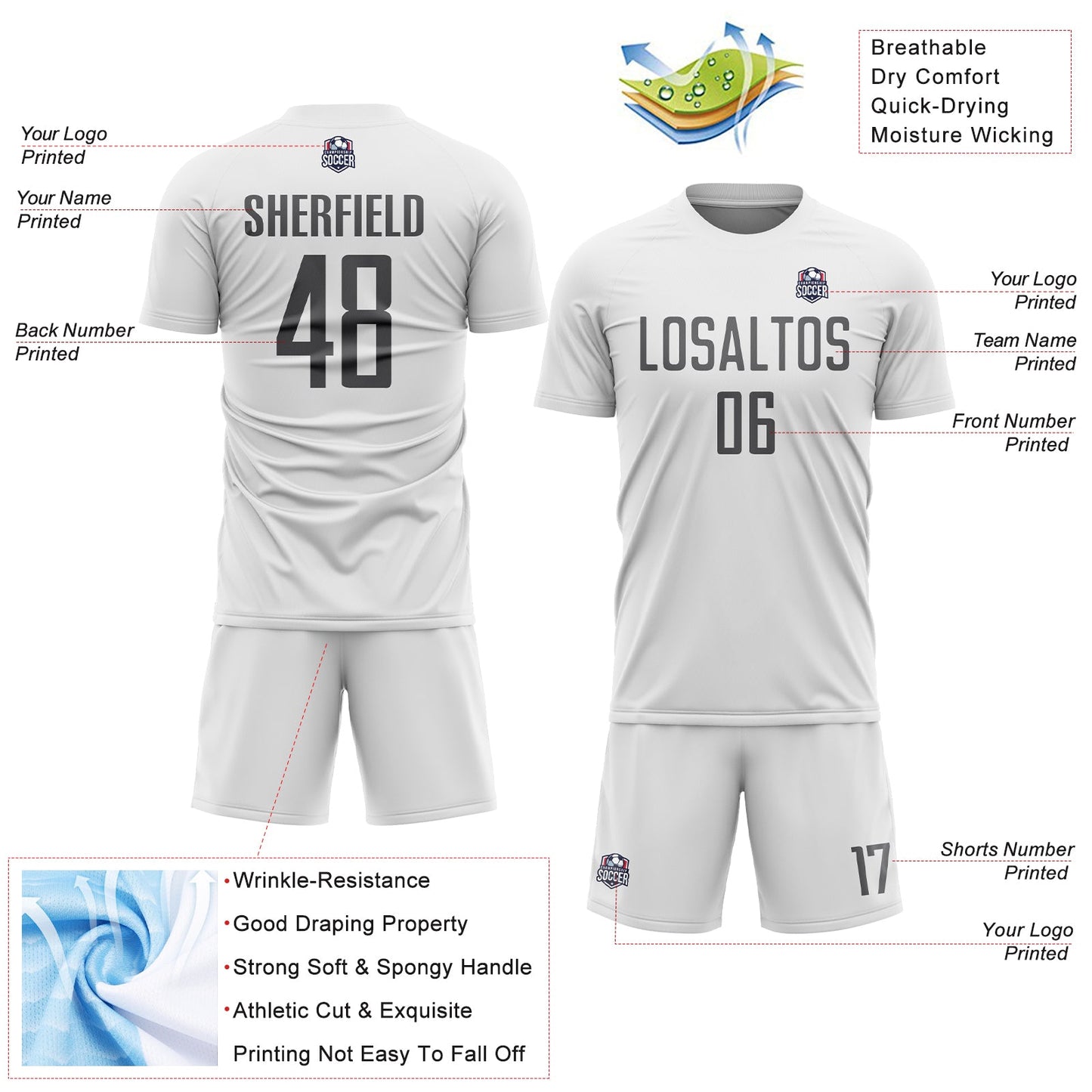 Custom White Steel Gray Sublimation Soccer Uniform Jersey - Sky-Custom
