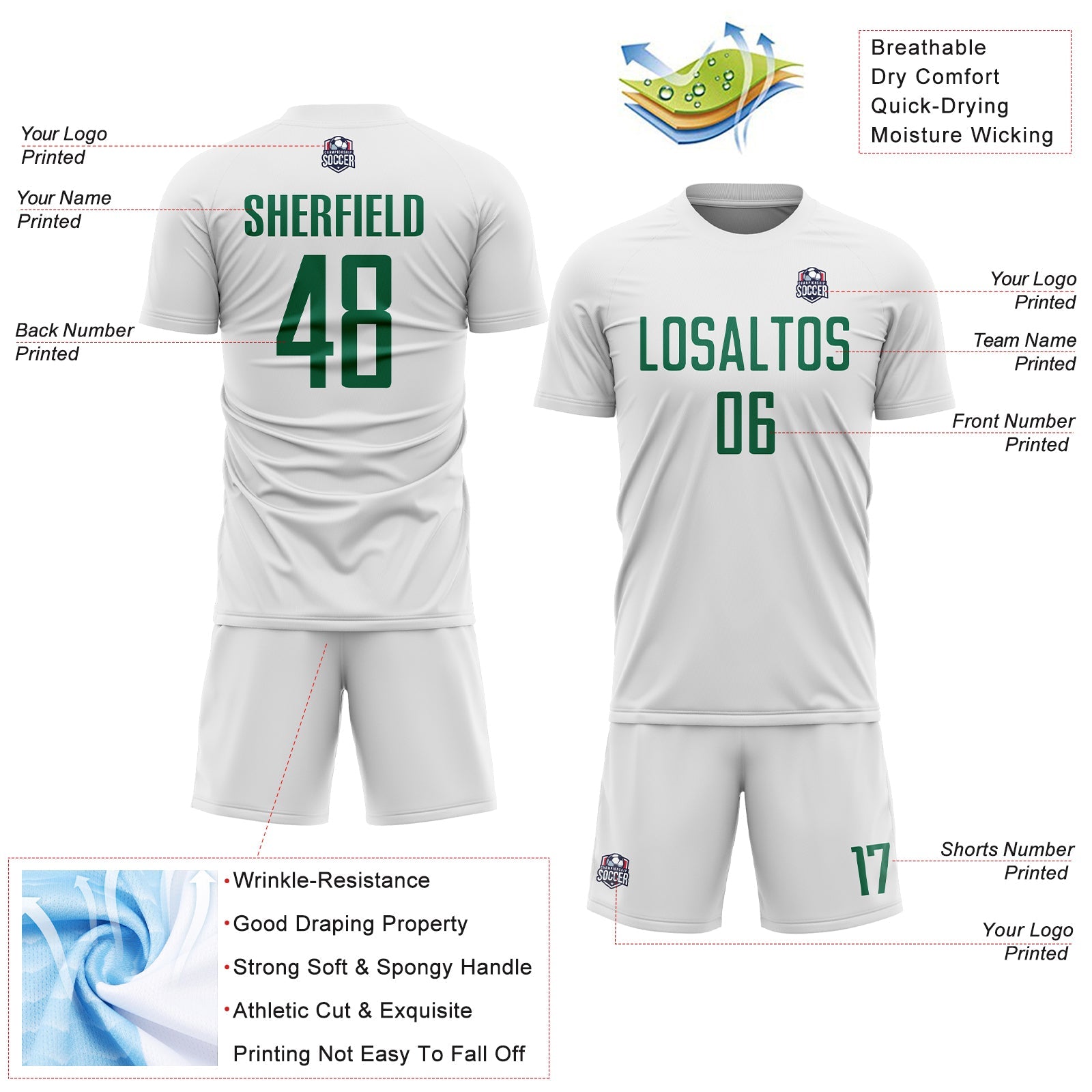 Custom White Kelly Green Sublimation Soccer Uniform Jersey - Sky-Custom