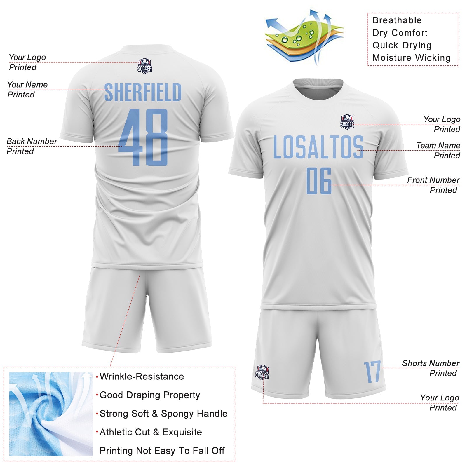 Custom White Light Blue Sublimation Soccer Uniform Jersey - Sky-Custom
